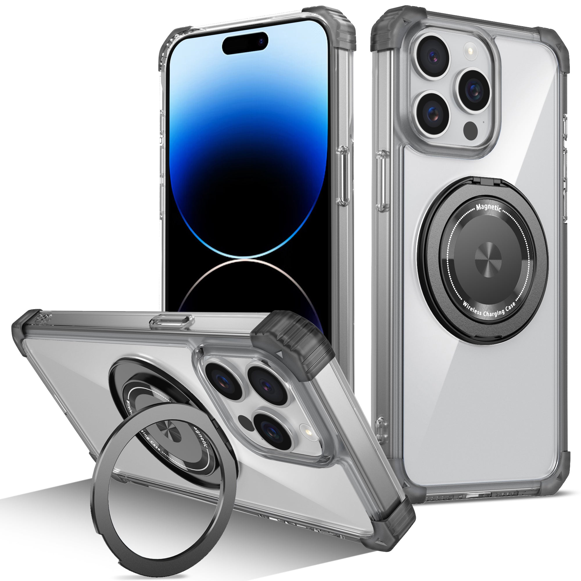 For iPhone 14 Pro Max Magnetic Case Corner Cushions TPU+PC Invisible Kickstand Phone Cover