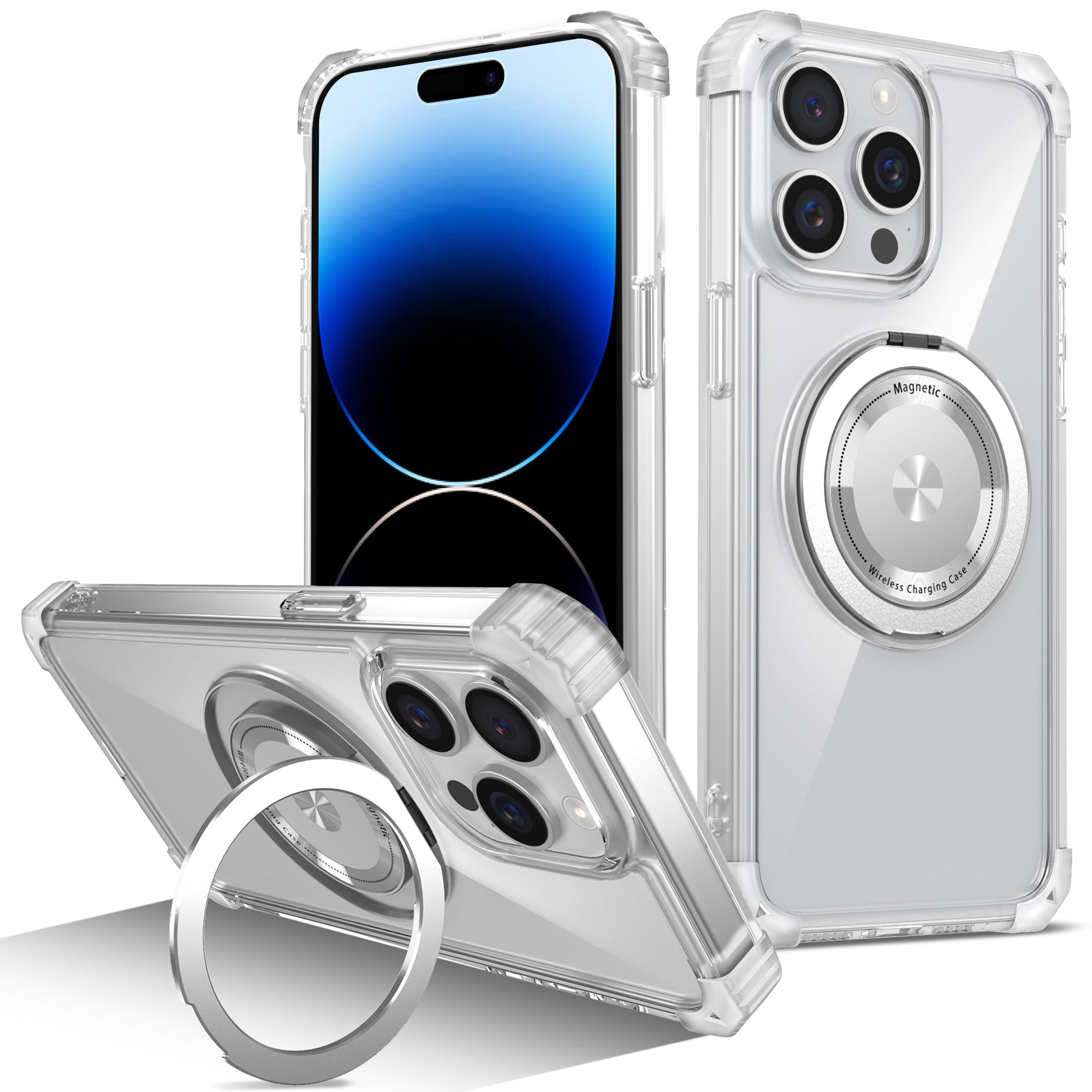 For iPhone 14 Pro Max Magnetic Case Corner Cushions TPU+PC Invisible Kickstand Phone Cover
