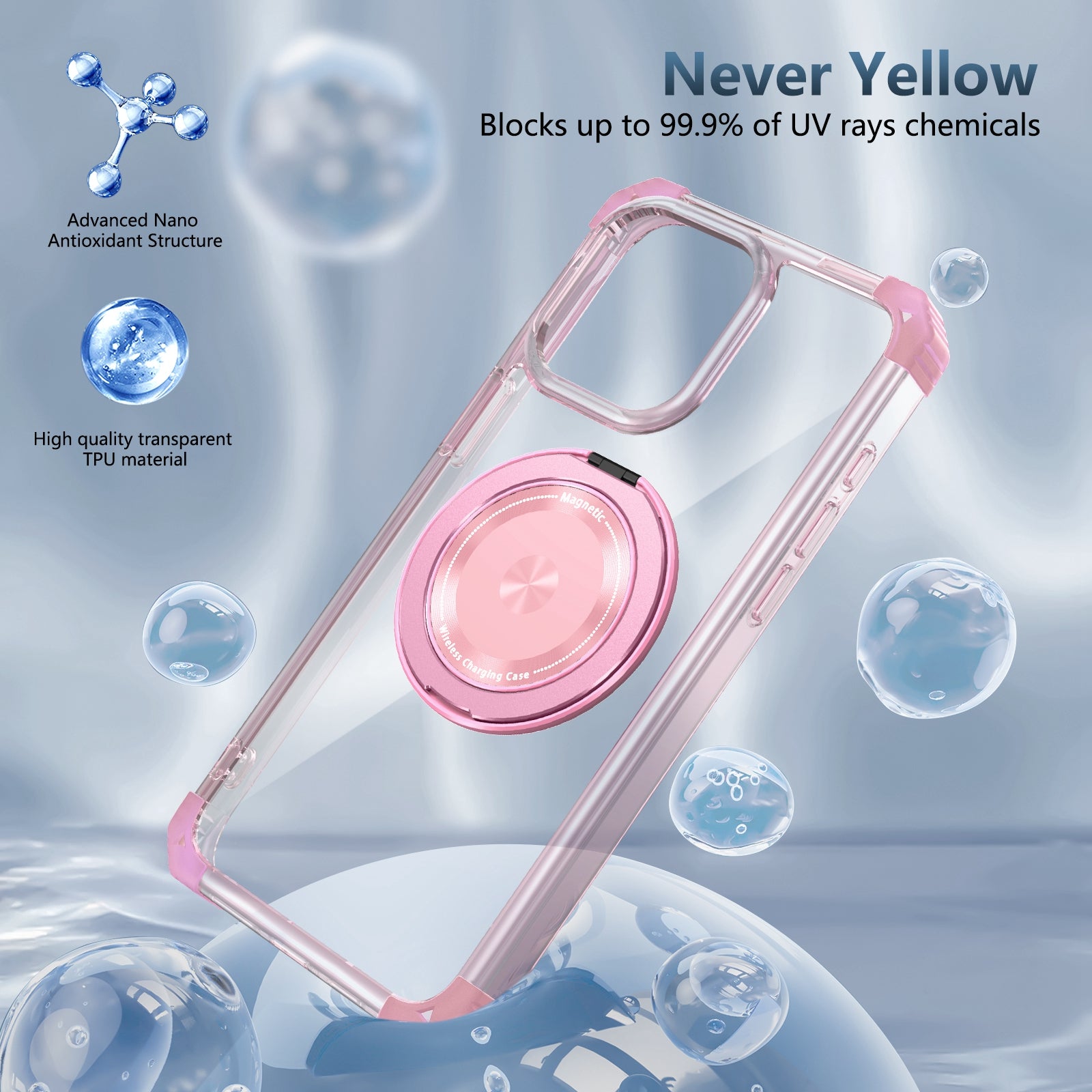 For iPhone 15 Pro Max Magnetic Phone Case PC+TPU Cover with Ring Kickstand