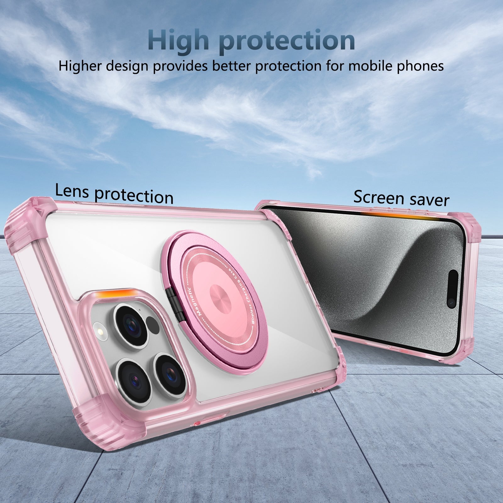 For iPhone 15 Pro Max Magnetic Phone Case PC+TPU Cover with Ring Kickstand