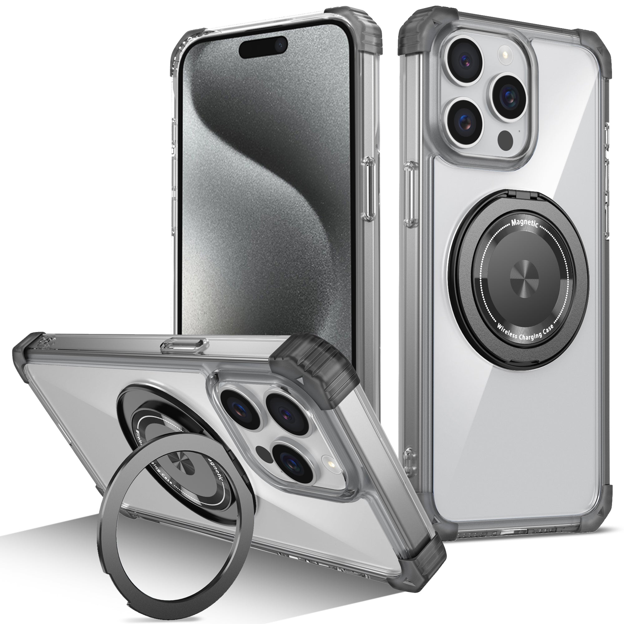 For iPhone 15 Pro Max Magnetic Phone Case PC+TPU Cover with Ring Kickstand