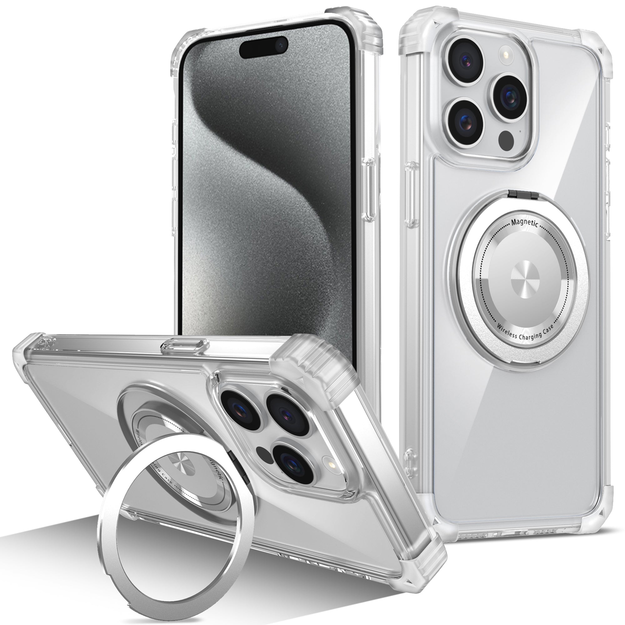 For iPhone 15 Pro Max Magnetic Phone Case PC+TPU Cover with Ring Kickstand