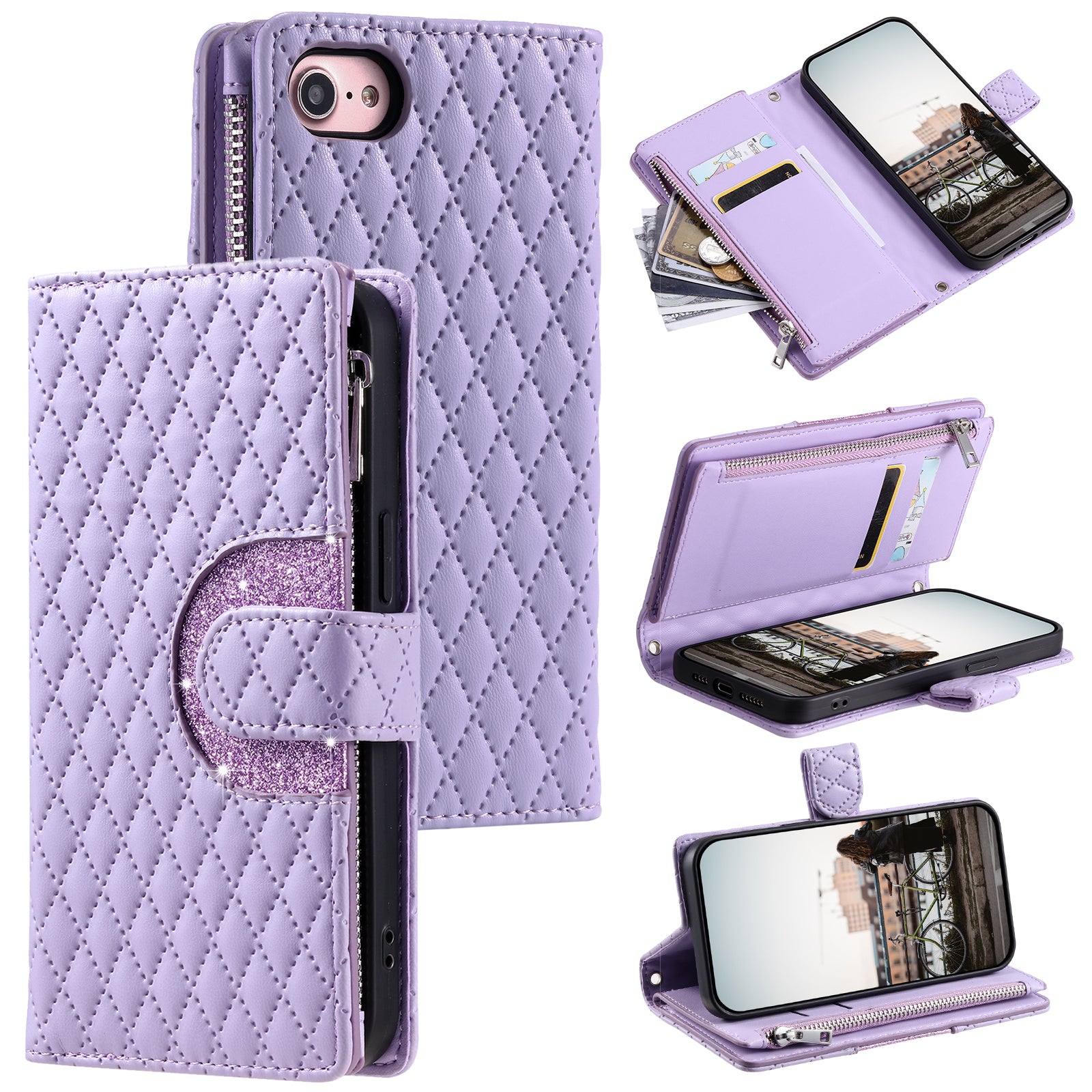 Style 012 for iPhone 7 / 8 / SE (2020) / SE (2022) Leather Case Rhombus Glitter Zipper Wallet Phone Cover
