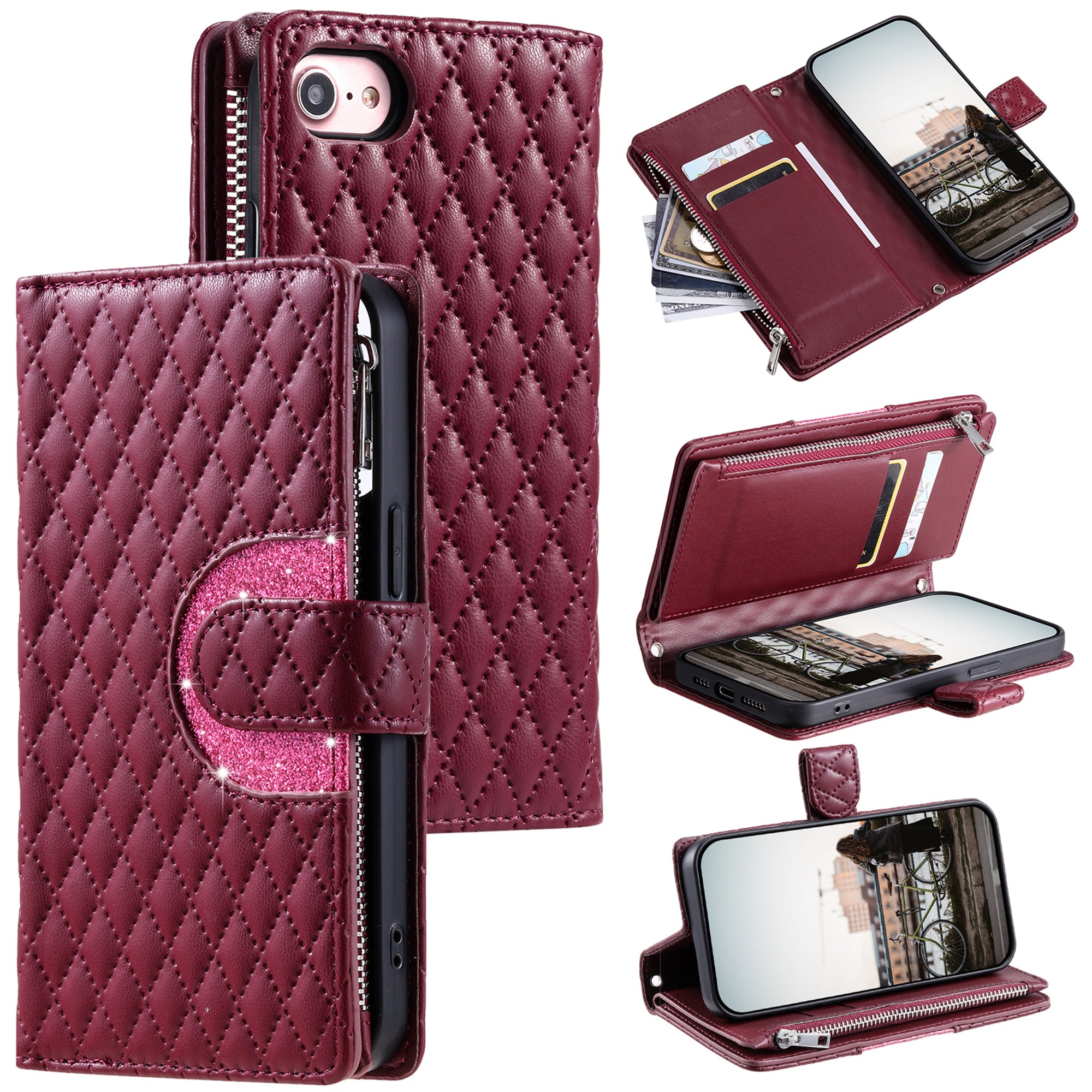 Style 012 for iPhone 7 / 8 / SE (2020) / SE (2022) Leather Case Rhombus Glitter Zipper Wallet Phone Cover