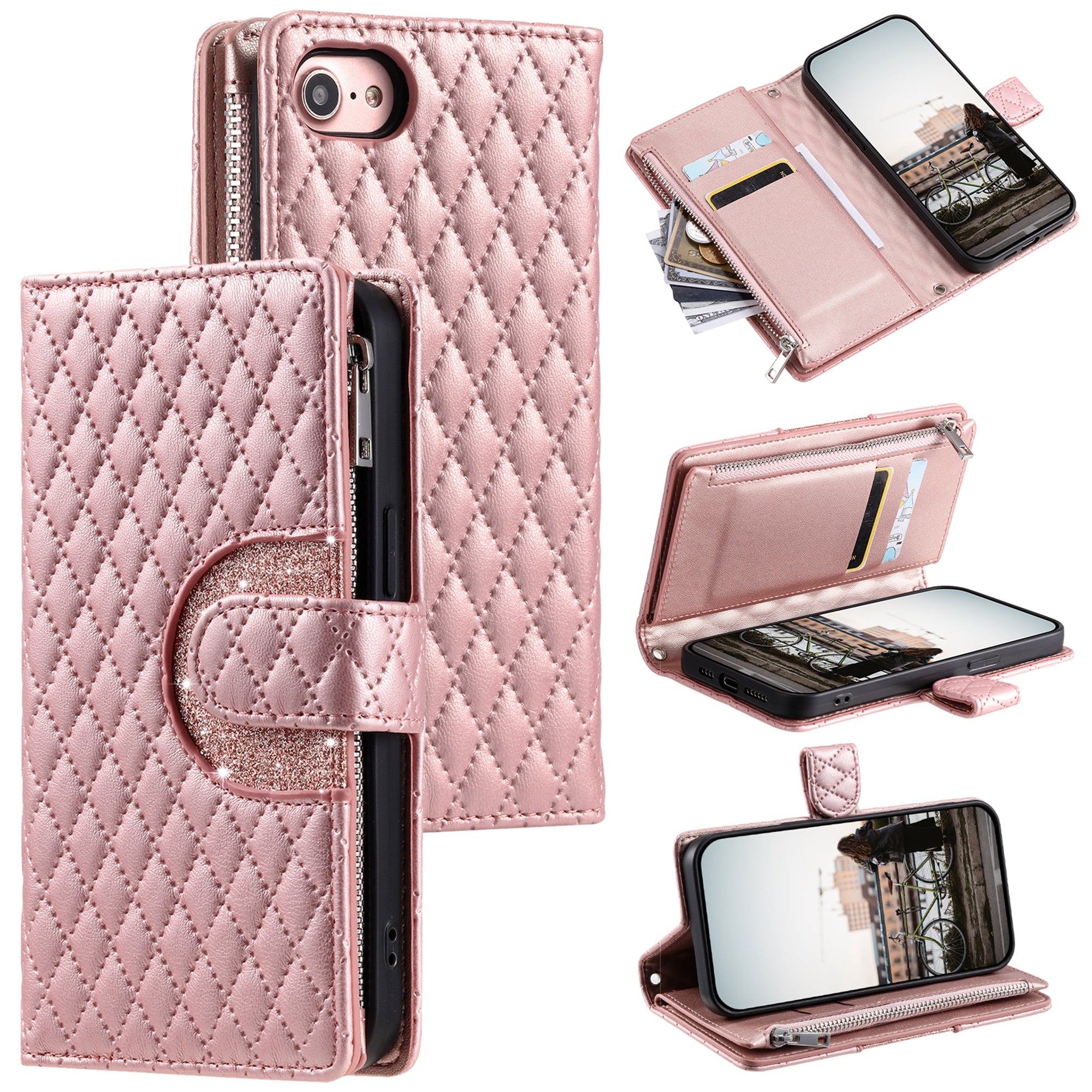 Style 012 for iPhone 7 / 8 / SE (2020) / SE (2022) Leather Case Rhombus Glitter Zipper Wallet Phone Cover