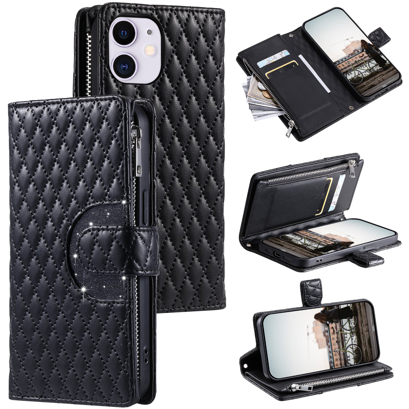 Style 012 for iPhone 11 Leather Case with Wrist Strap Rhombus Glitter Zipper Pocket Phone Cover