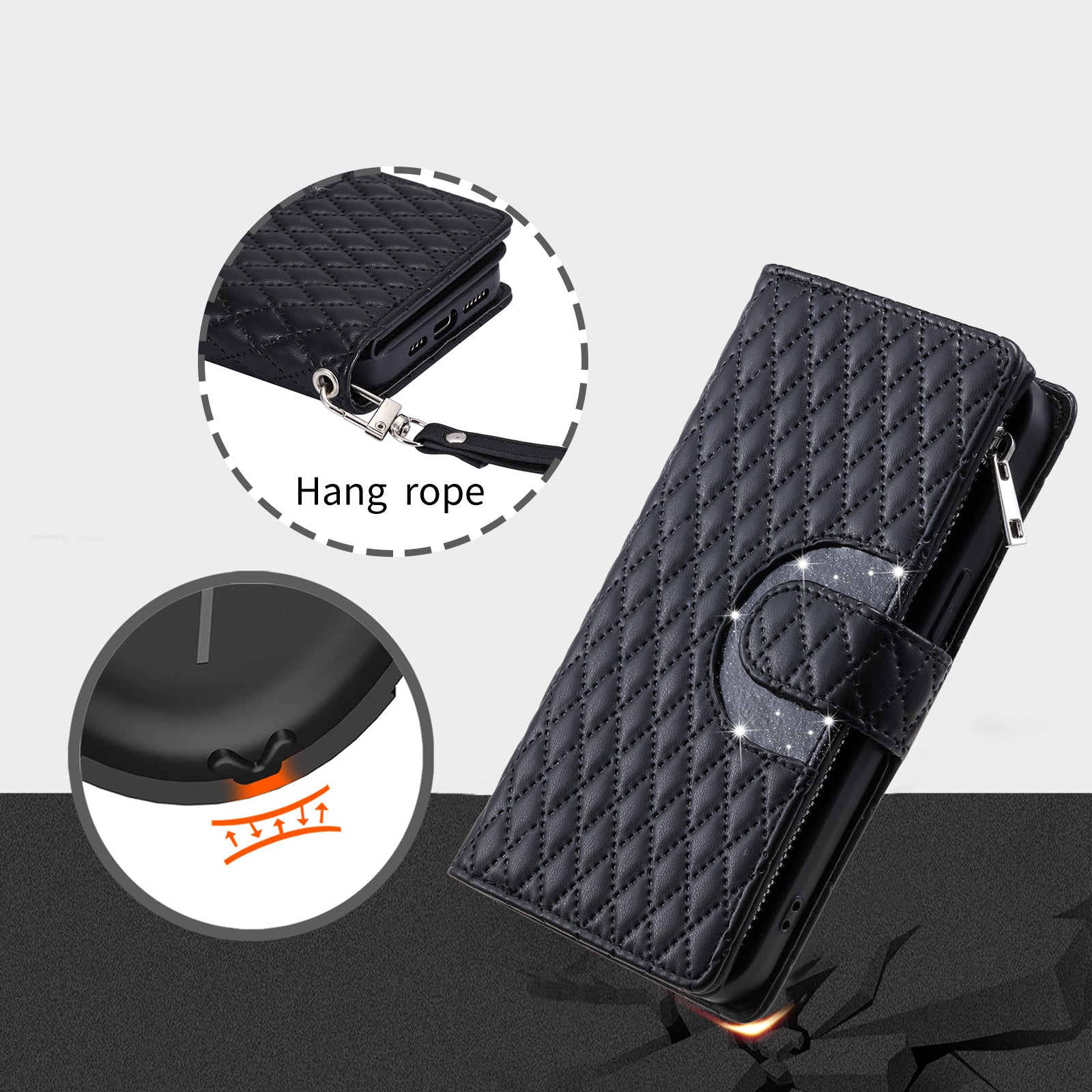 Style 012 for iPhone 11 Leather Case with Wrist Strap Rhombus Glitter Zipper Pocket Phone Cover