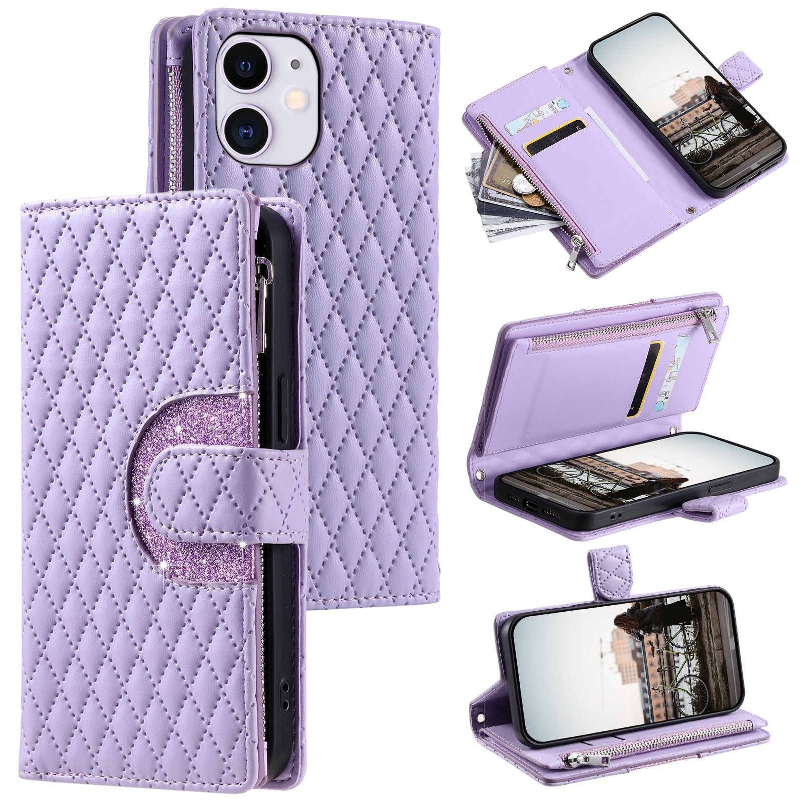 Style 012 for iPhone 11 Leather Case with Wrist Strap Rhombus Glitter Zipper Pocket Phone Cover