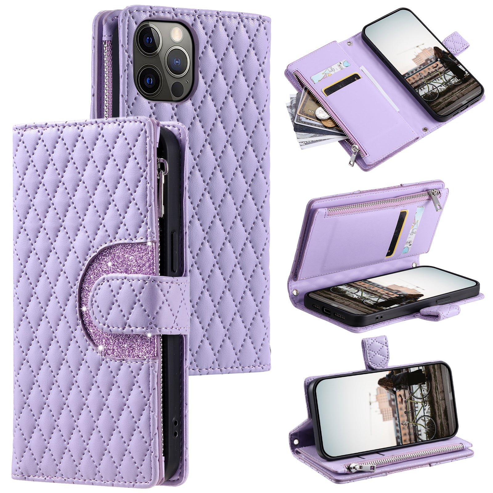 Style 012 for iPhone 12 Pro Max Case Rhombus Glitter Leather Phone Cover with Zipper Pocket