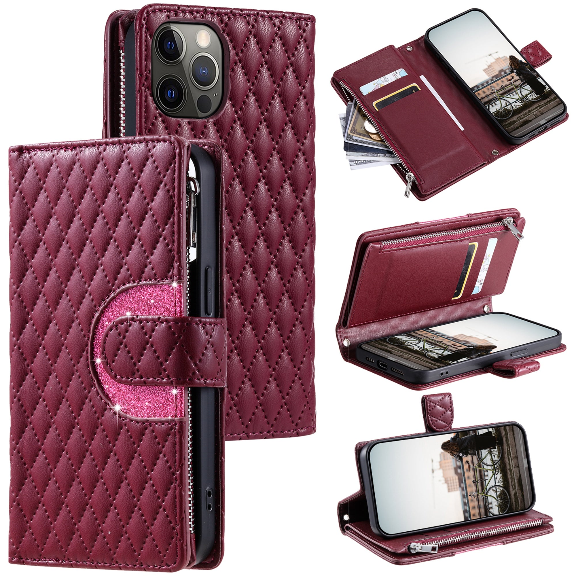 Style 012 for iPhone 12 Pro Max Case Rhombus Glitter Leather Phone Cover with Zipper Pocket