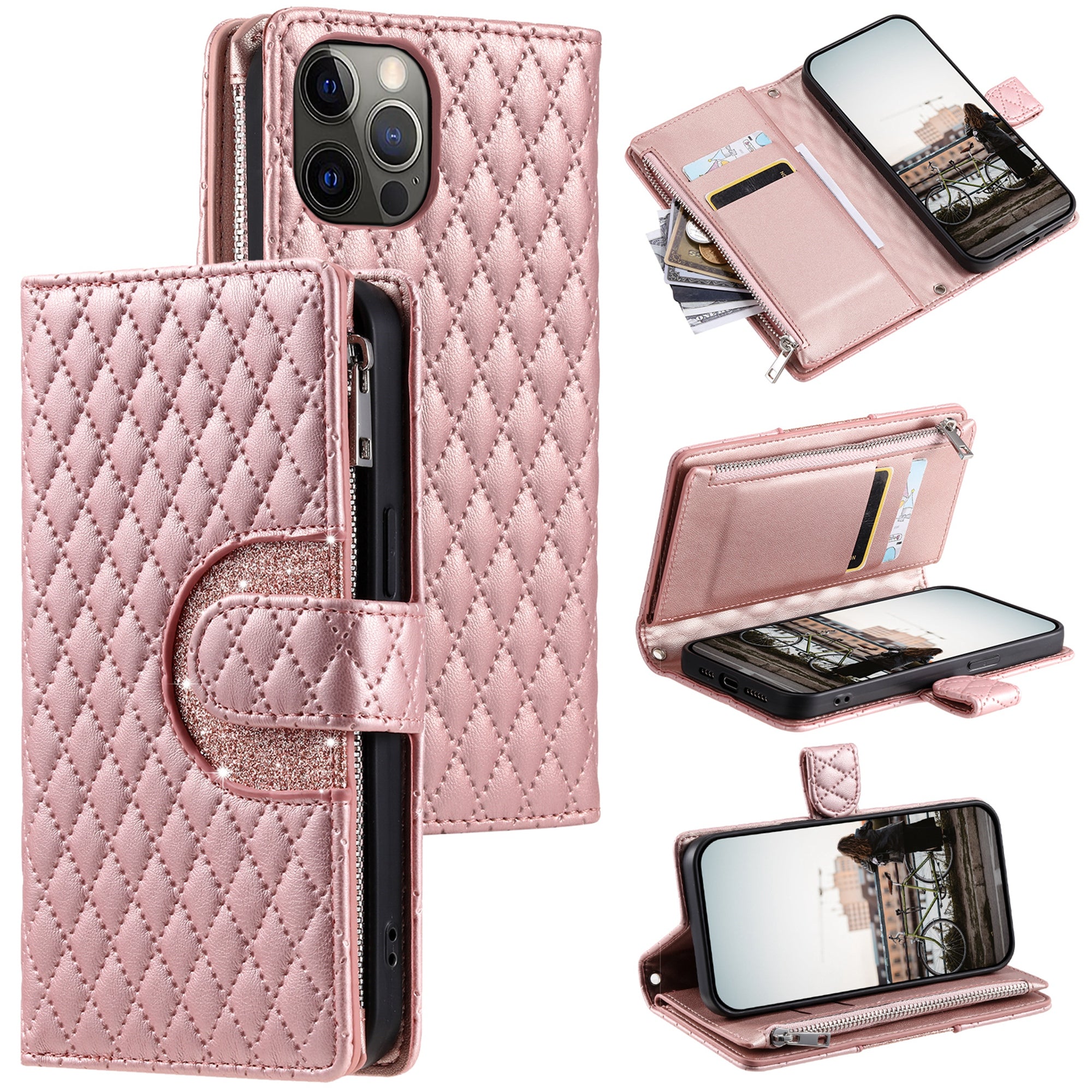 Style 012 for iPhone 12 Pro Max Case Rhombus Glitter Leather Phone Cover with Zipper Pocket