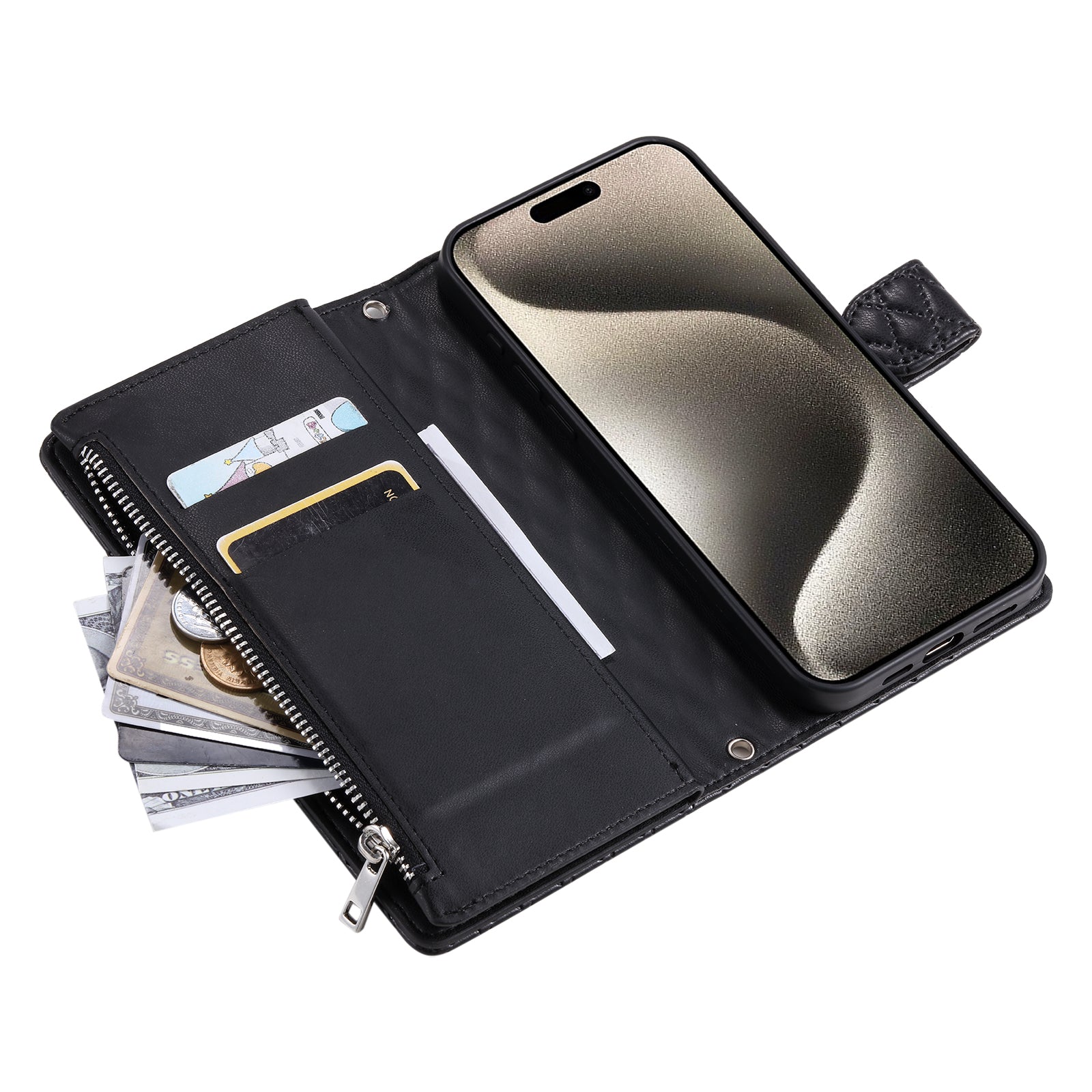 Style 012 for iPhone 13 Pro Max Wallet Case Zipper Pocket PU Leather Rhombus Phone Cover