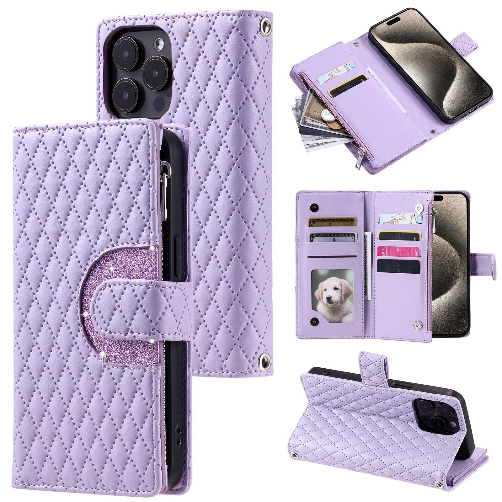 Style 012 for iPhone 13 Pro Max Wallet Case Zipper Pocket PU Leather Rhombus Phone Cover