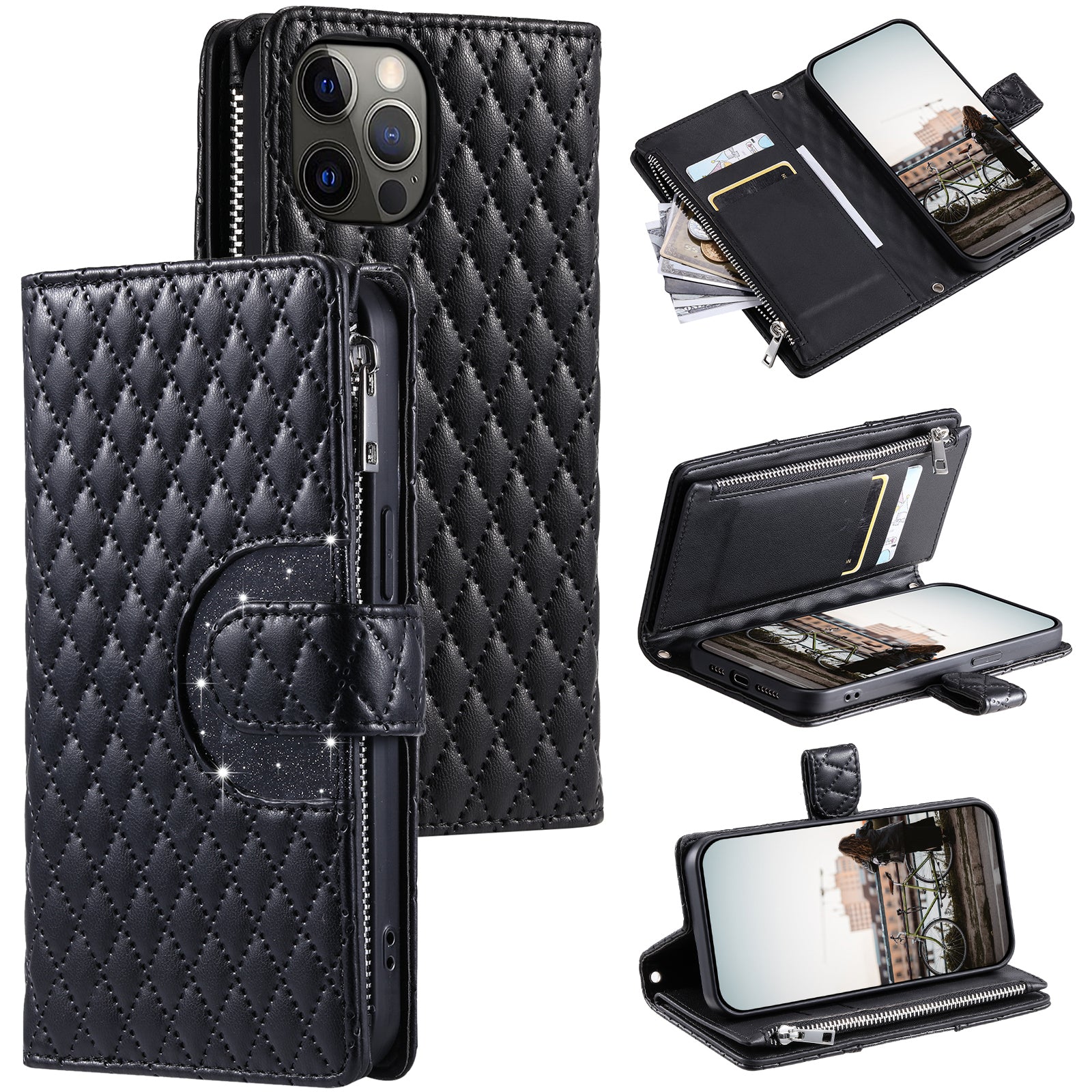 Style 012 for iPhone 12 / 12 Pro Leather Case with Strap Zipper Pocket Wallet Rhombus Phone Cover