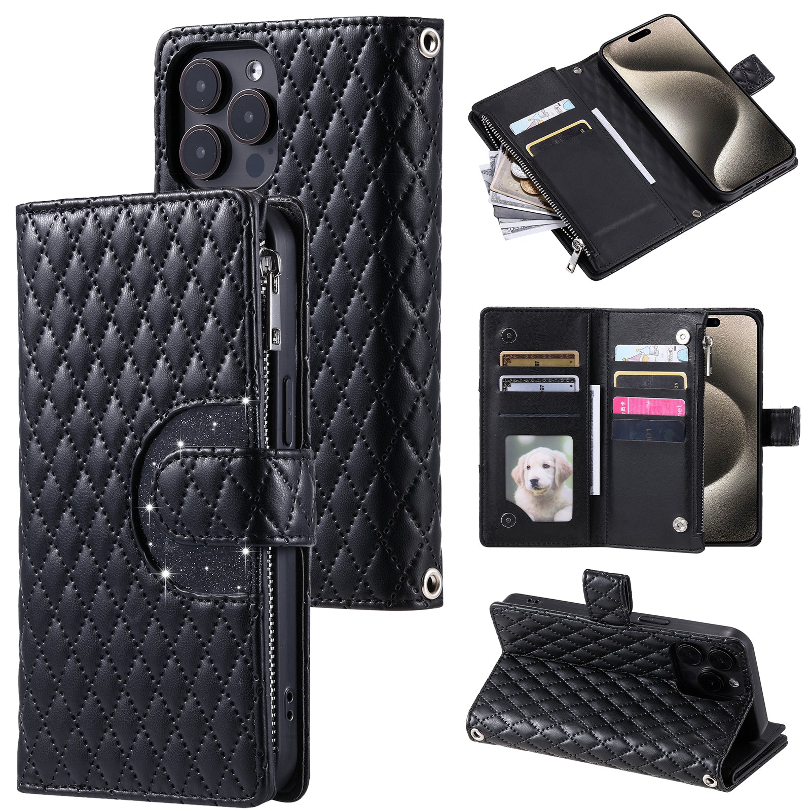 Style 012 for iPhone 13 Pro Wallet Case Rhombus Imprinted Zipper Leather Phone Cover