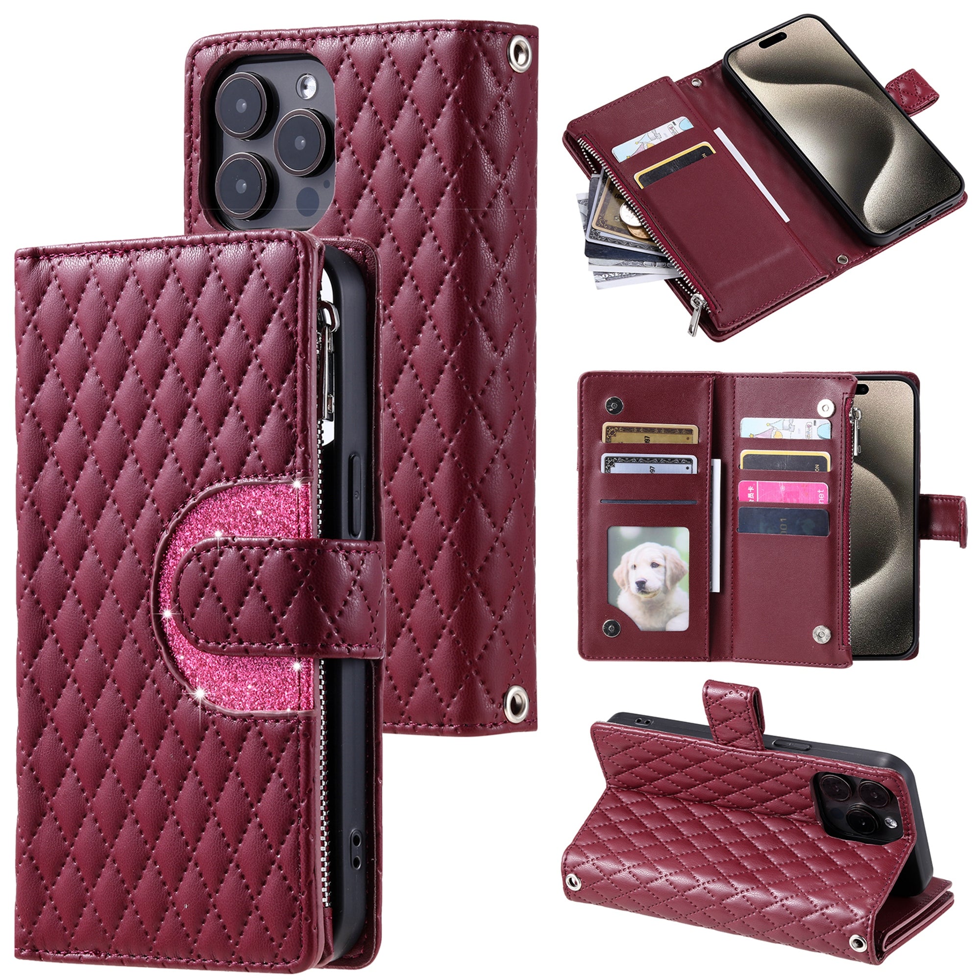 Style 012 for iPhone 14 Pro Case Rhombus Zipper Pocket PU Leather Stand Phone Cover