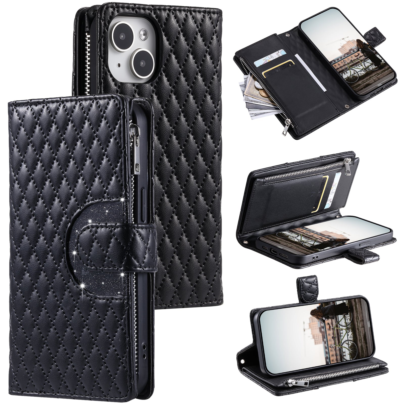 Style 012 for iPhone 15 Leather Wallet Case Rhombus Glitter Stand Flip Phone Cover