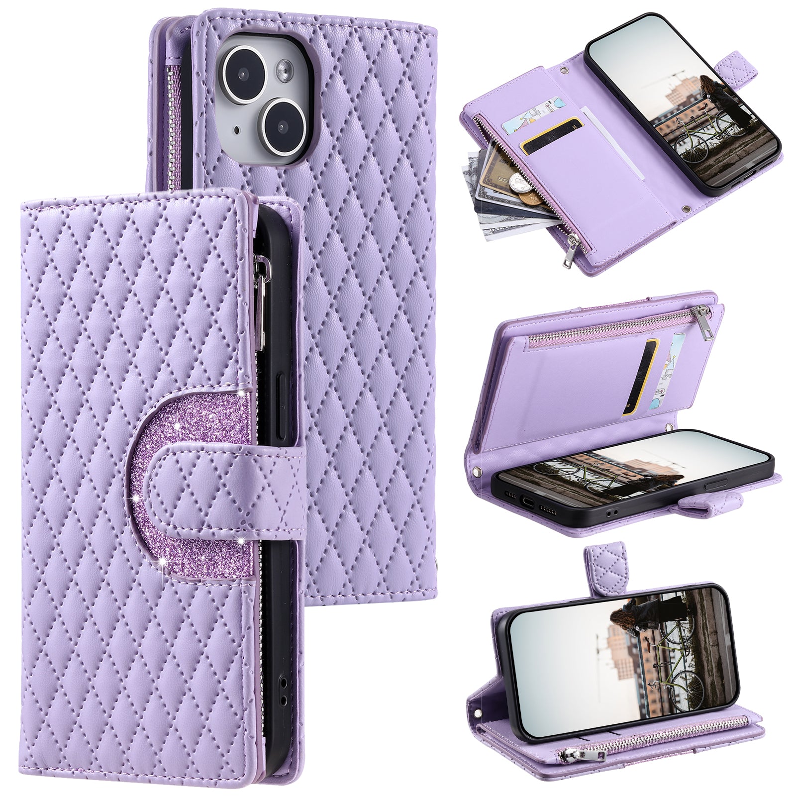 Style 012 for iPhone 15 Leather Wallet Case Rhombus Glitter Stand Flip Phone Cover