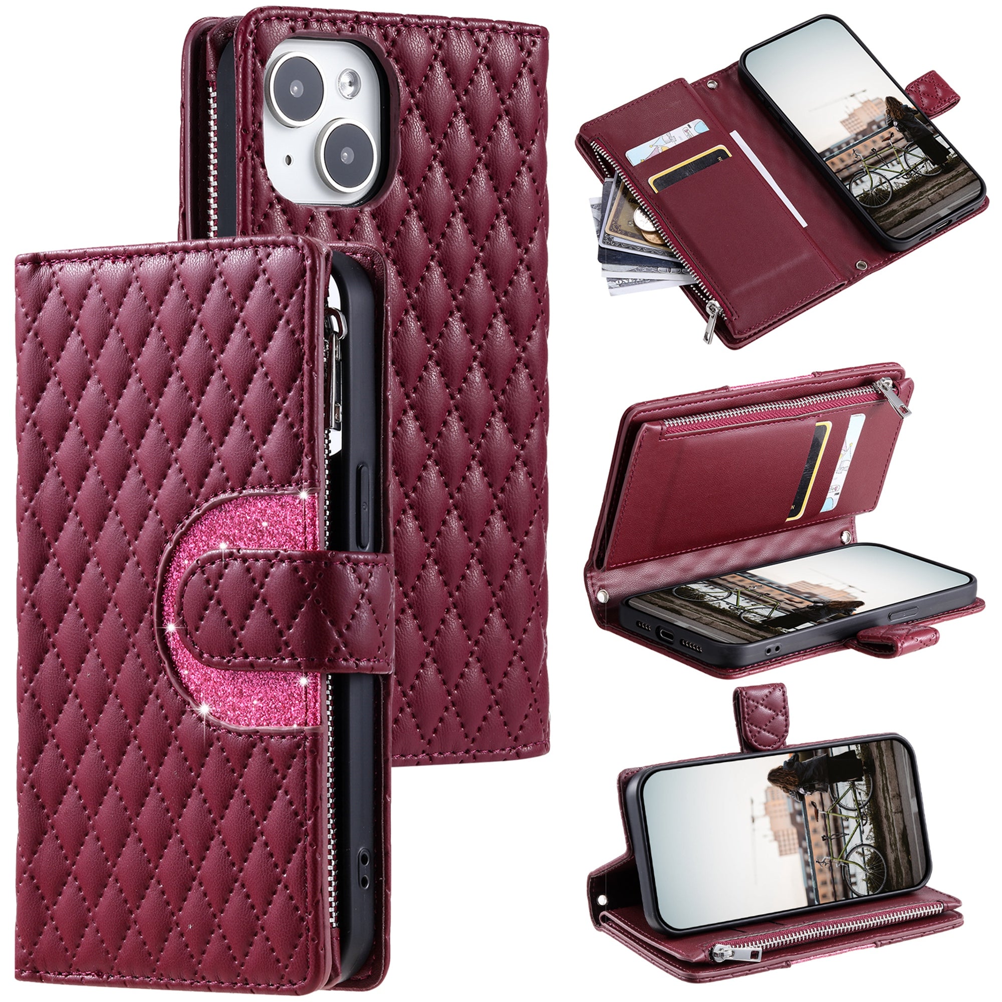Style 012 for iPhone 15 Leather Wallet Case Rhombus Glitter Stand Flip Phone Cover