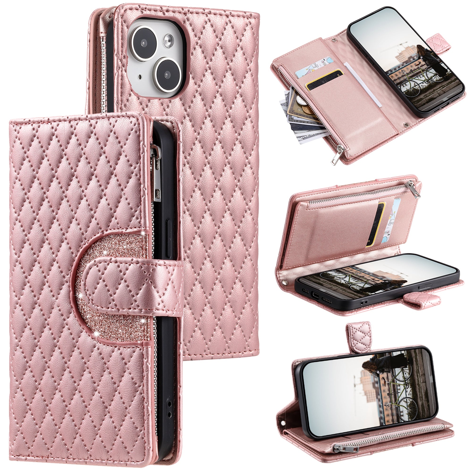 Style 012 for iPhone 15 Leather Wallet Case Rhombus Glitter Stand Flip Phone Cover