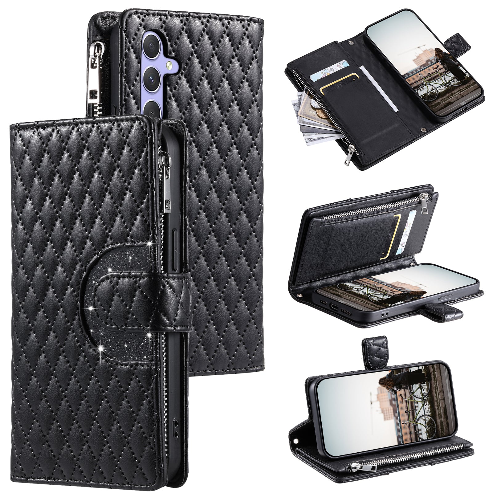 Style 012 for Samsung Galaxy A14 5G / A14 4G Case PU Leather Flip Phone Cover with Rhombus Zipper Pocket