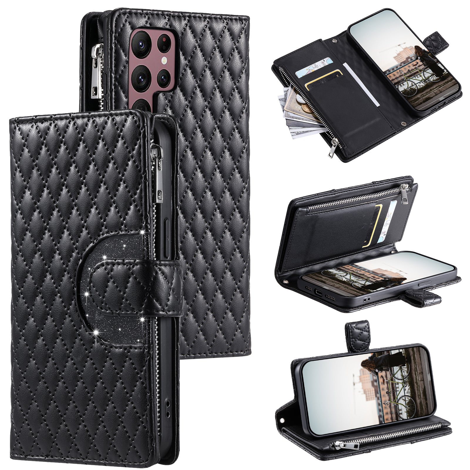 012 Style For Samsung Galaxy S22 Ultra 5G Cell Phone Case Glitter Rhombus Flip Stand Cover