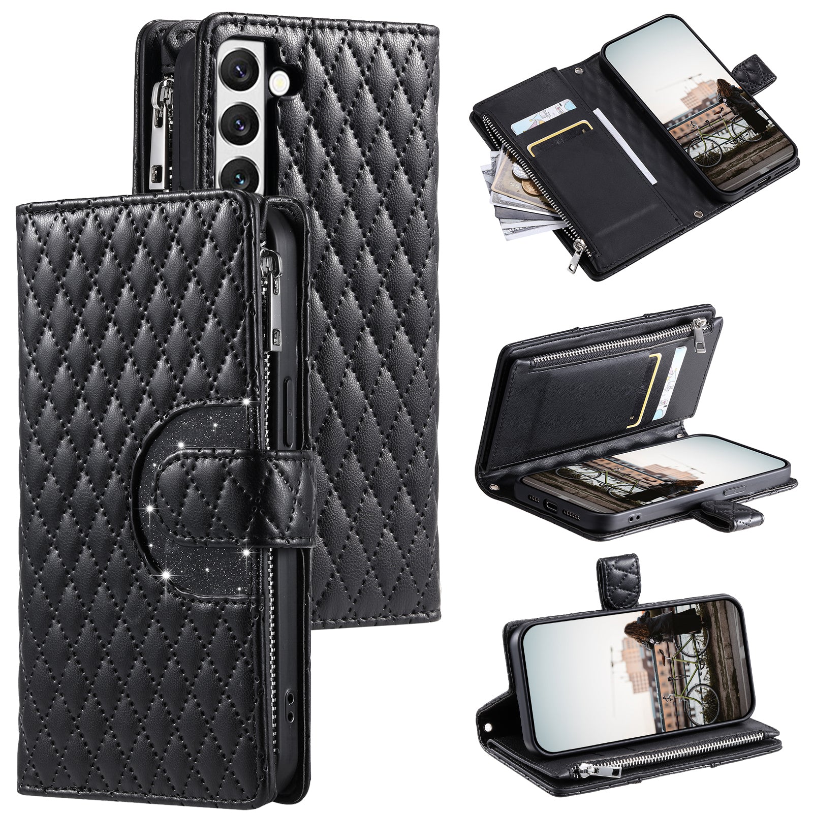 Style 012 for Samsung Galaxy S22 5G Case Handbag Zipper Pocket Glitter Leather Phone Cover
