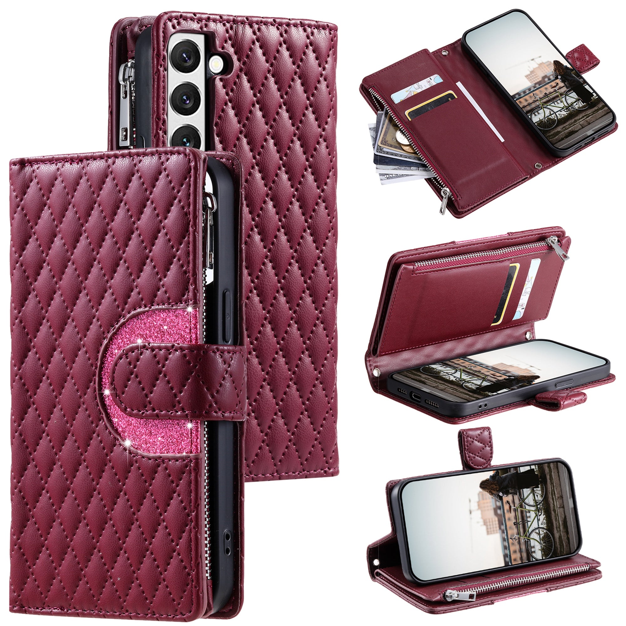 Style 012 for Samsung Galaxy S22 5G Case Handbag Zipper Pocket Glitter Leather Phone Cover