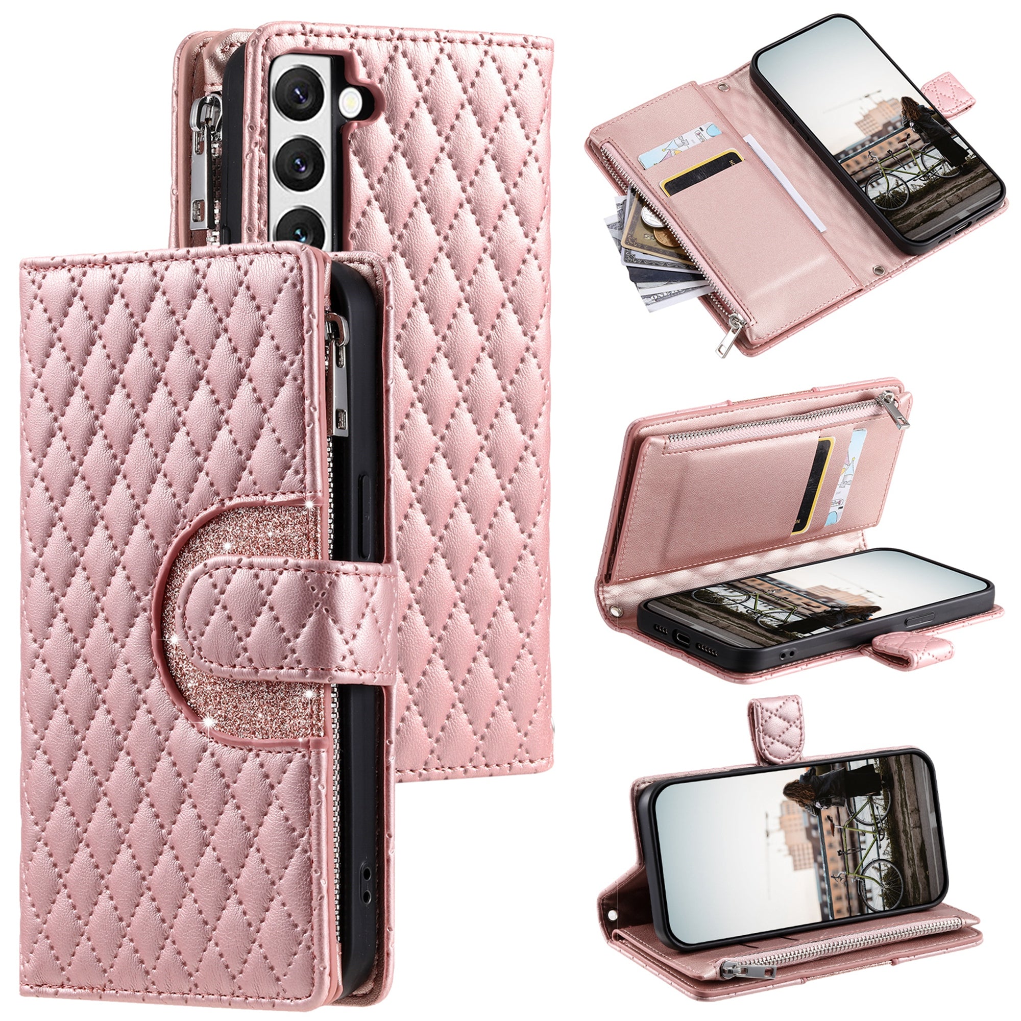 Style 012 for Samsung Galaxy S22 5G Case Handbag Zipper Pocket Glitter Leather Phone Cover