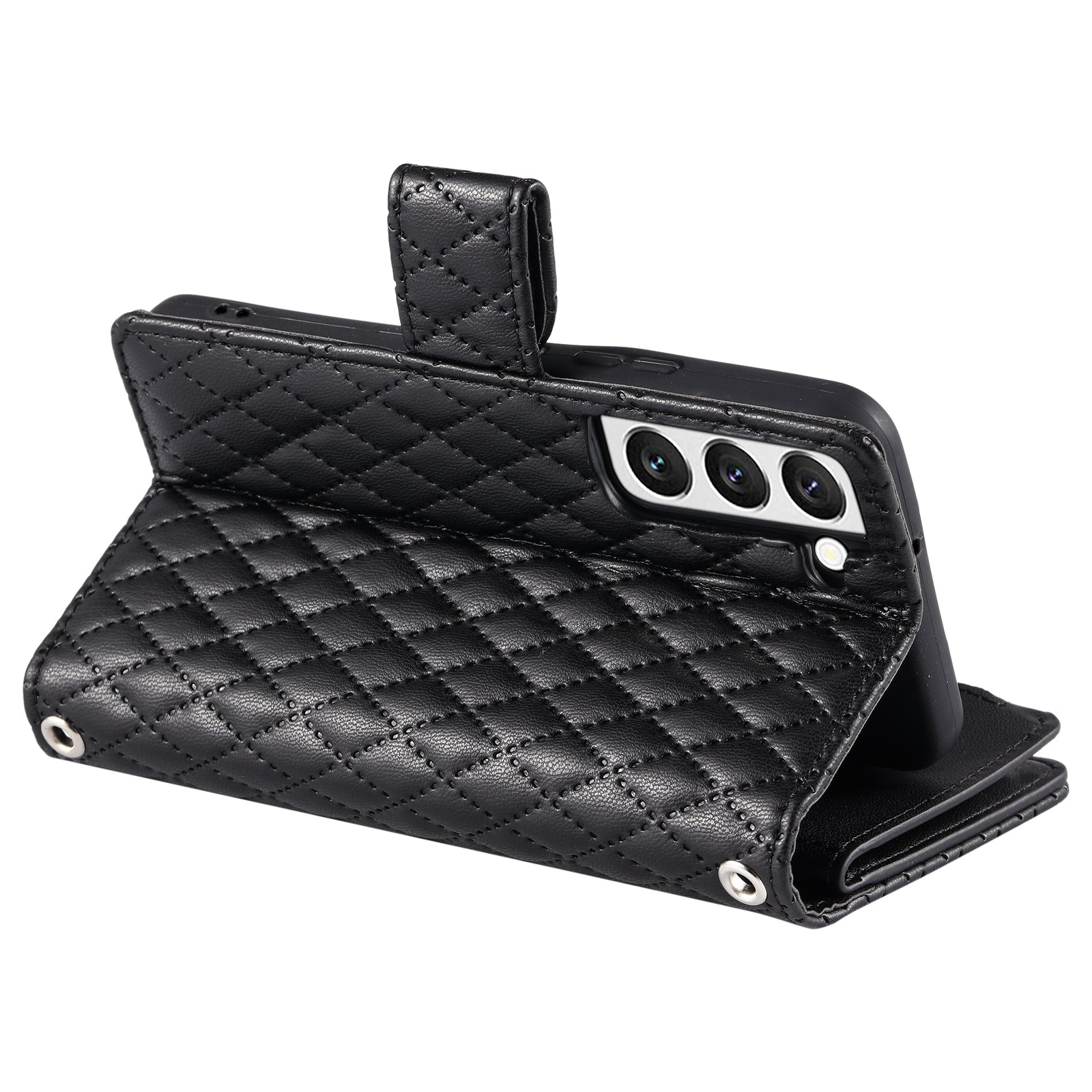 012 Style For Samsung Galaxy S22+ 5G Case Glitter Rhombus Pattern Anti-scratch Cover with Magnetic Closure