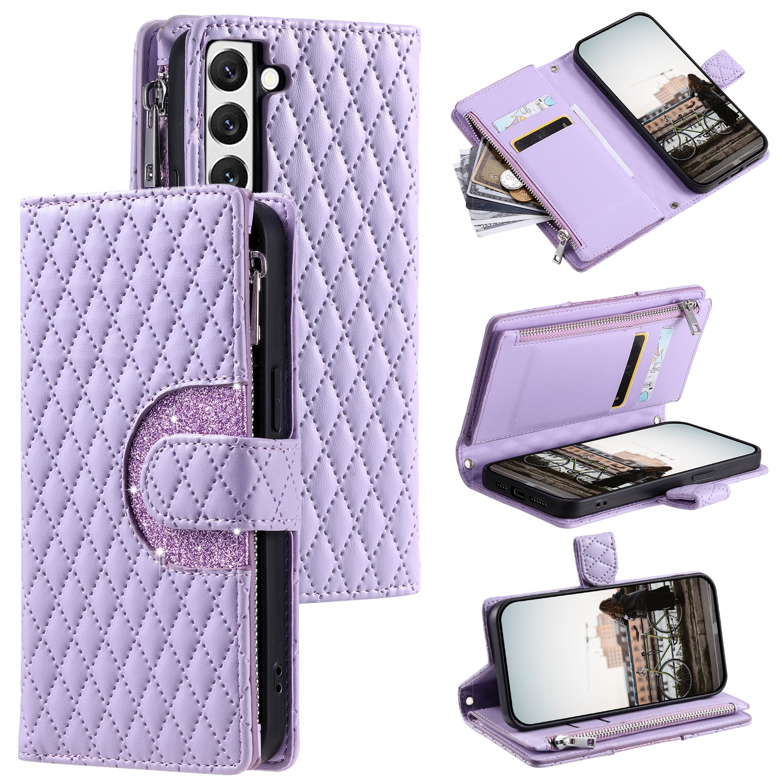 012 Style For Samsung Galaxy S22+ 5G Case Glitter Rhombus Pattern Anti-scratch Cover with Magnetic Closure