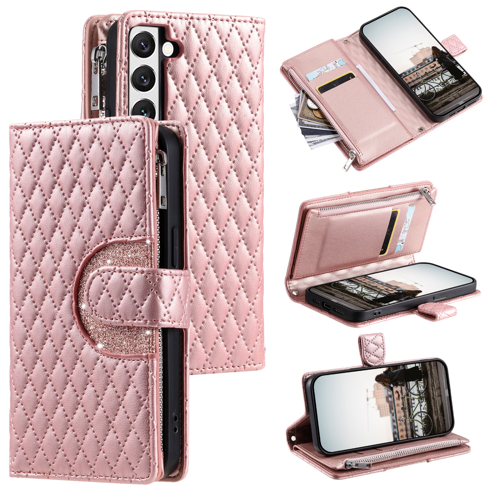 012 Style For Samsung Galaxy S22+ 5G Case Glitter Rhombus Pattern Anti-scratch Cover with Magnetic Closure