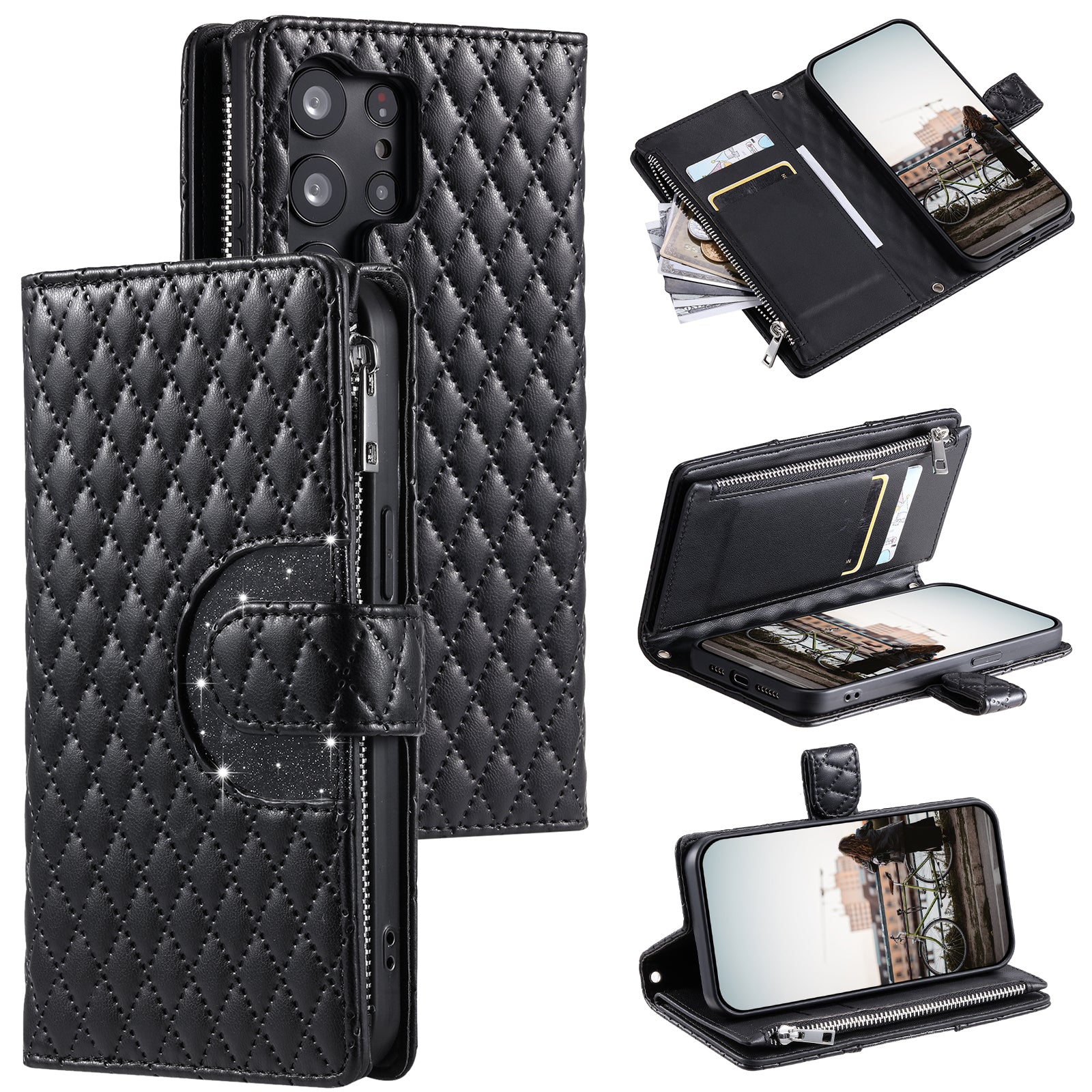 Style 012 for Samsung Galaxy S23 Ultra Case PU Leather Zipper Wallet Phone Cover with Wrist Strap