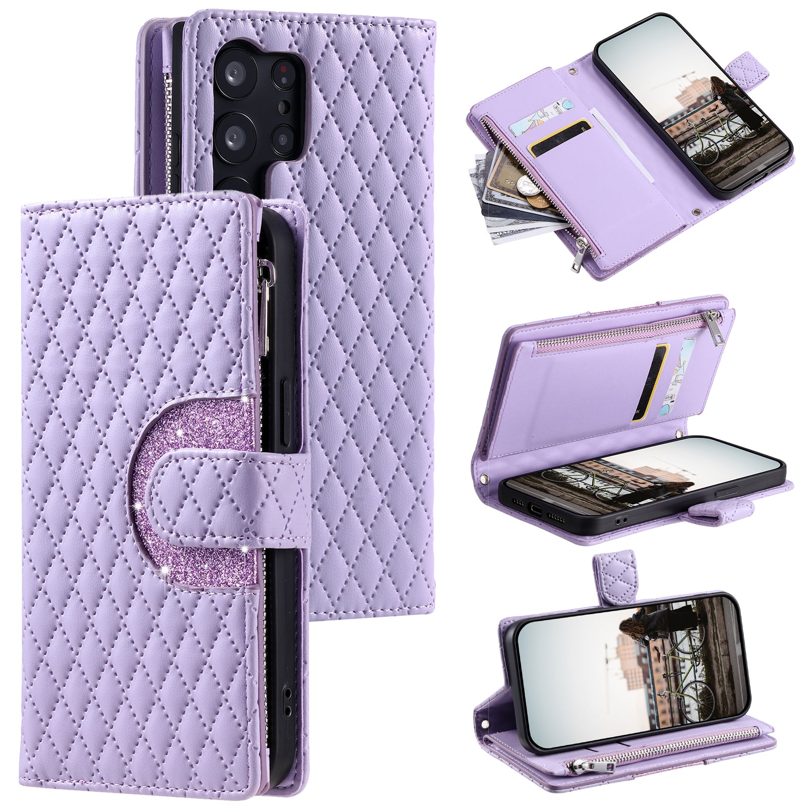 Style 012 for Samsung Galaxy S23 Ultra Case PU Leather Zipper Wallet Phone Cover with Wrist Strap
