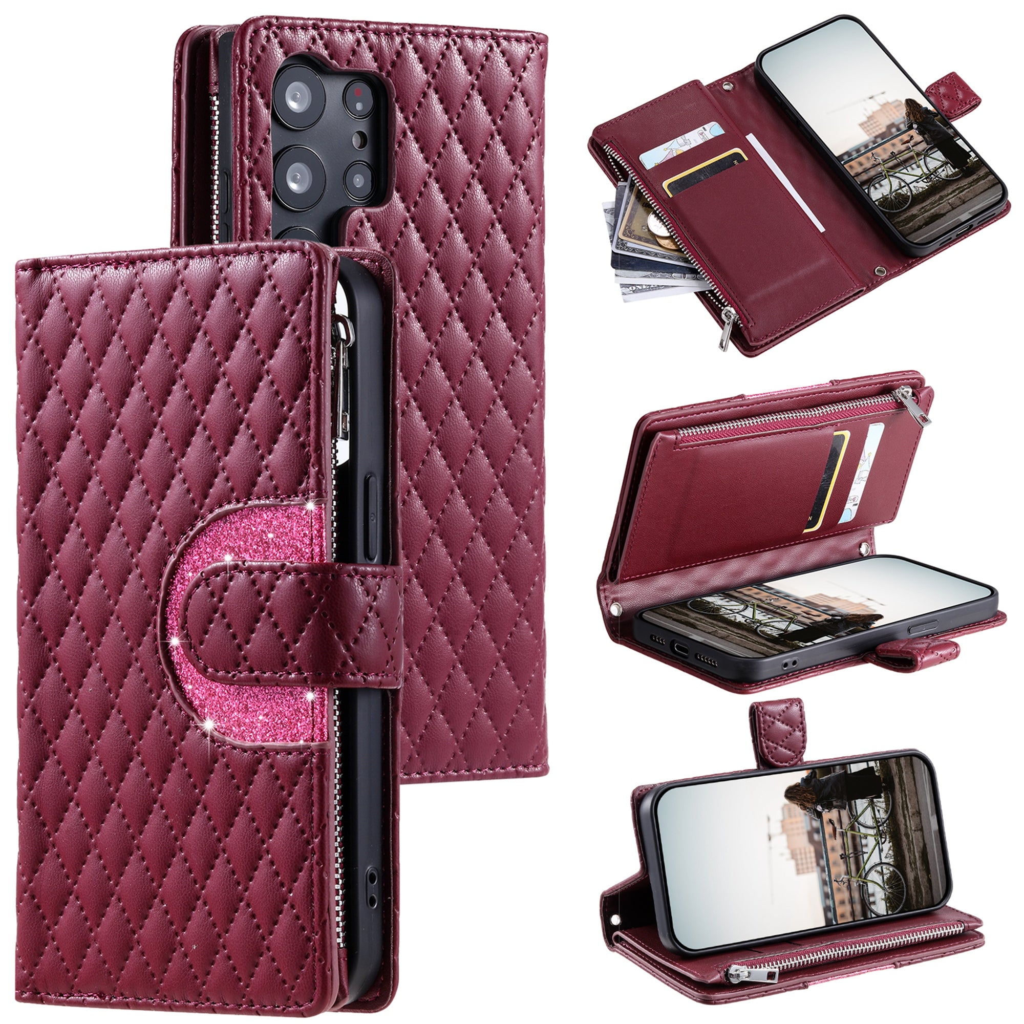 Style 012 for Samsung Galaxy S23 Ultra Case PU Leather Zipper Wallet Phone Cover with Wrist Strap