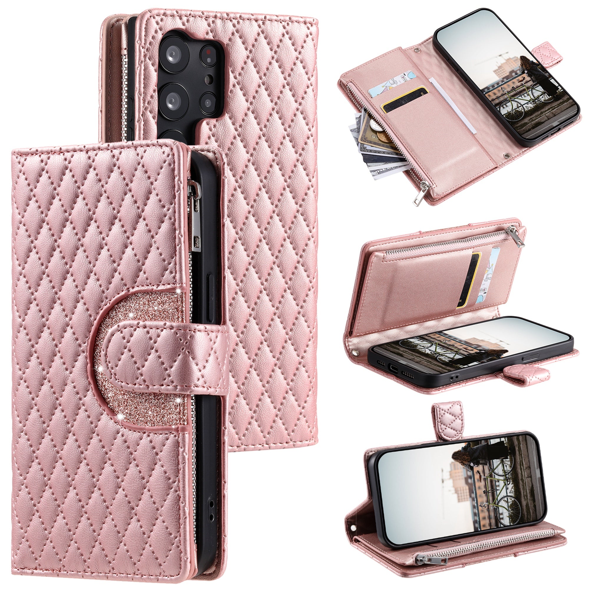 Style 012 for Samsung Galaxy S23 Ultra Case PU Leather Zipper Wallet Phone Cover with Wrist Strap