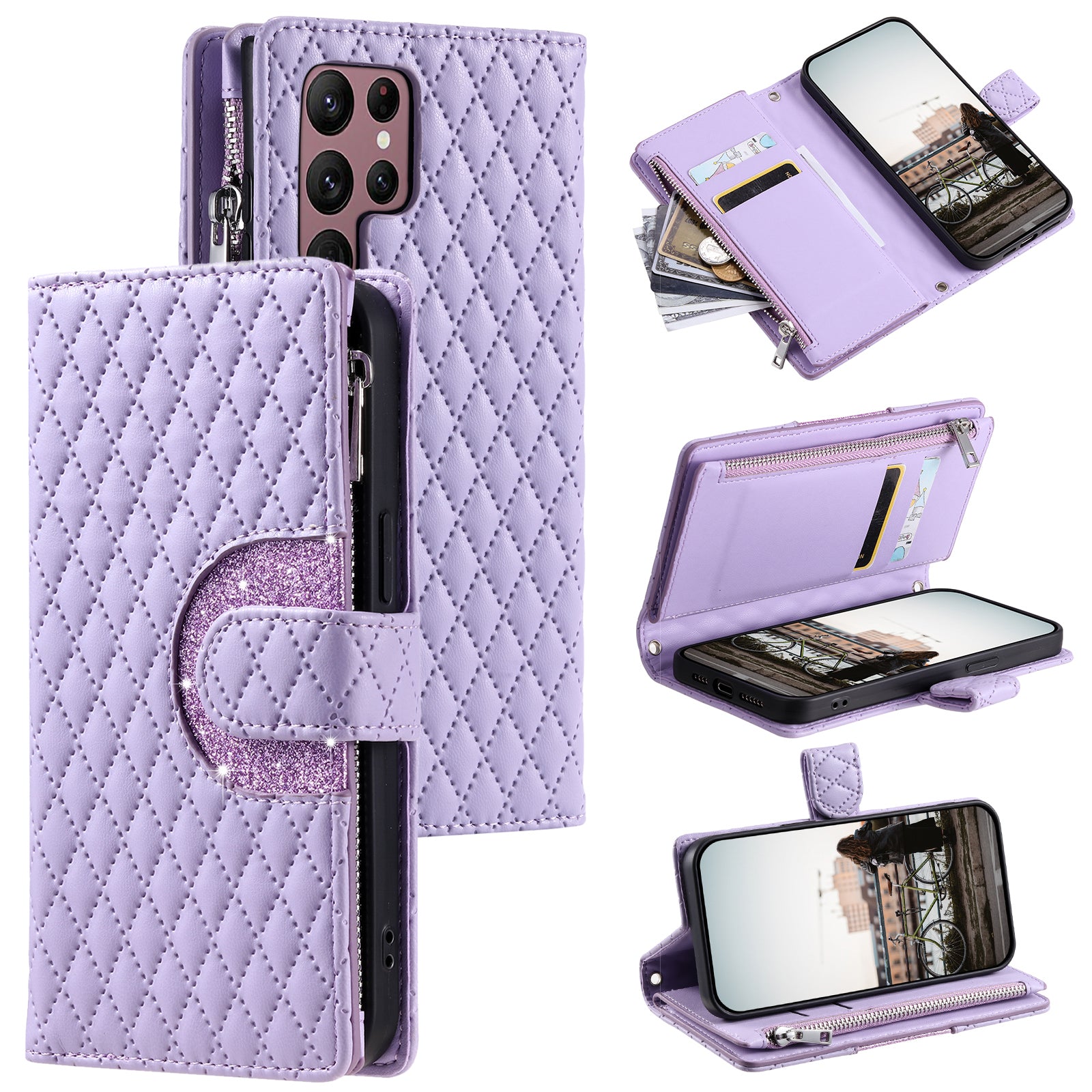012 Style For Samsung Galaxy S24 Ultra Case Glitter Rhombus Shockproof Leather+TPU Phone Cover