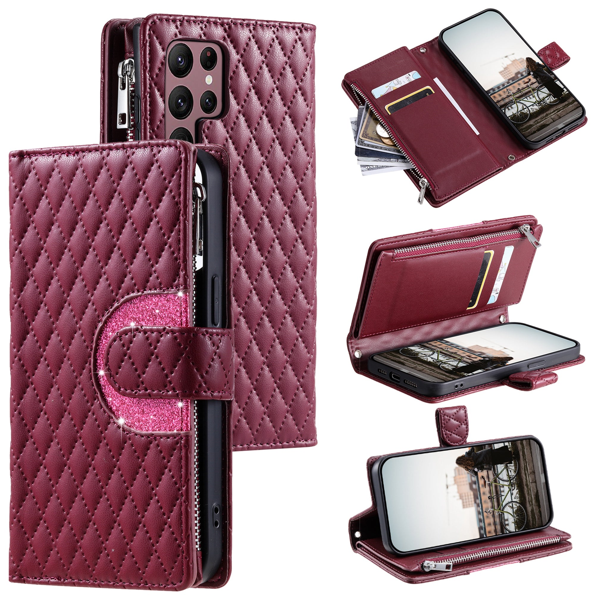 012 Style For Samsung Galaxy S24 Ultra Case Glitter Rhombus Shockproof Leather+TPU Phone Cover