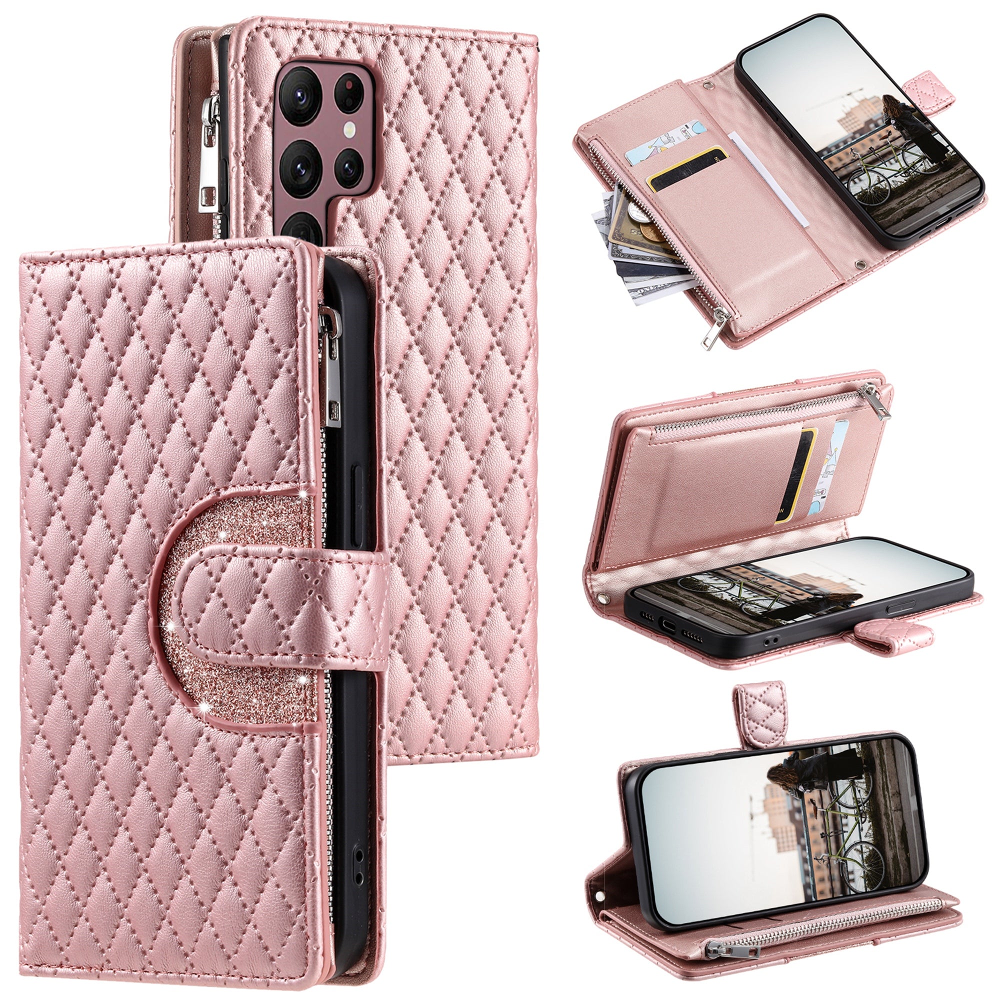 012 Style For Samsung Galaxy S24 Ultra Case Glitter Rhombus Shockproof Leather+TPU Phone Cover