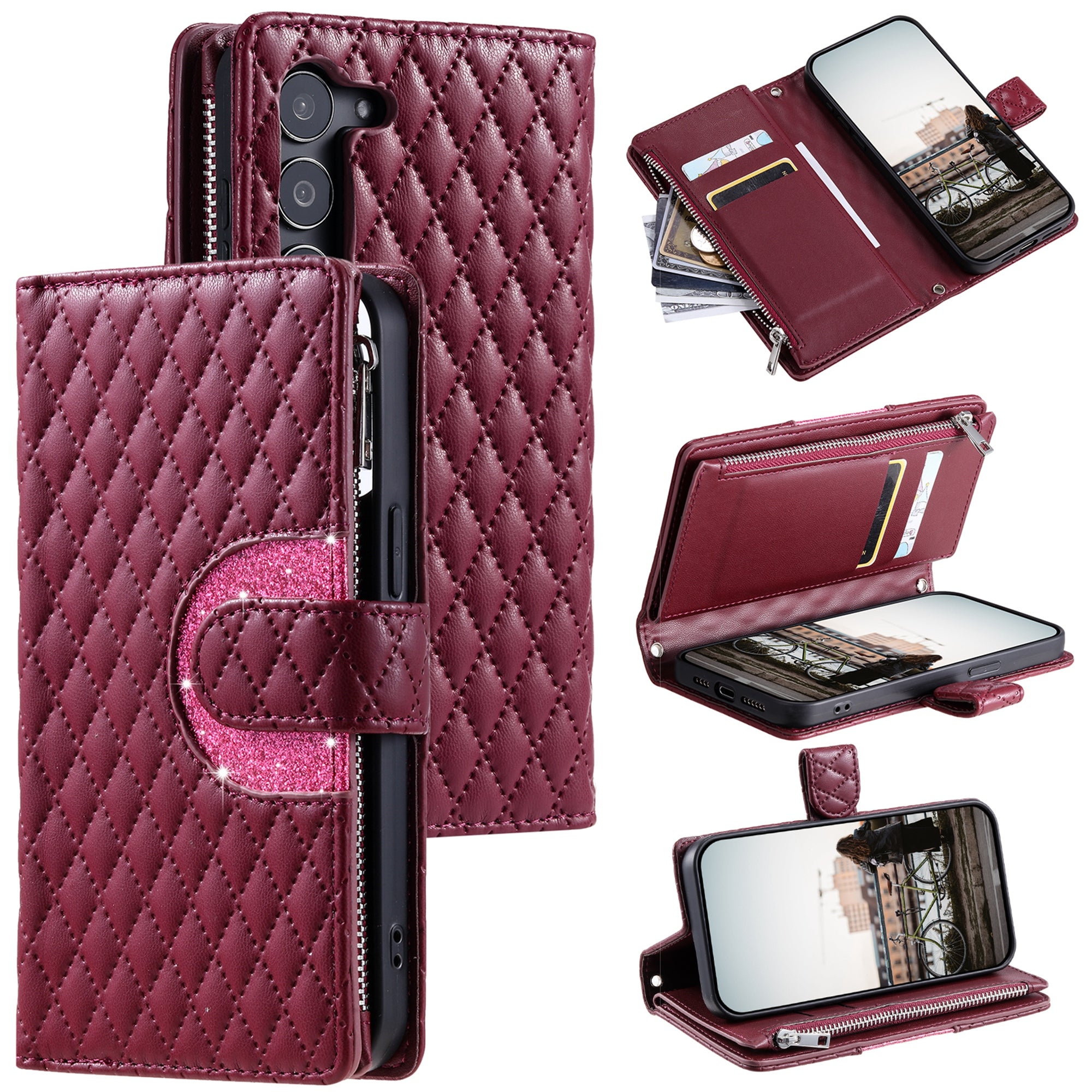 Style 012 for Samsung Galaxy S23 Case Zipper Pocket Handbag Case PU Leather Rhombus Pattern Phone Cover