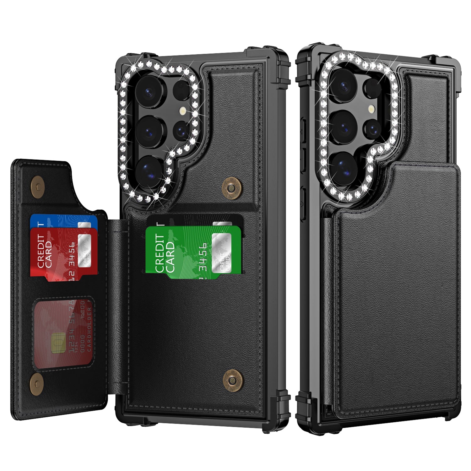 ZM15 For Samsung Galaxy S24 Ultra Case Card Slots Leather Back Cover Lens Frame Rhinestone Decor
