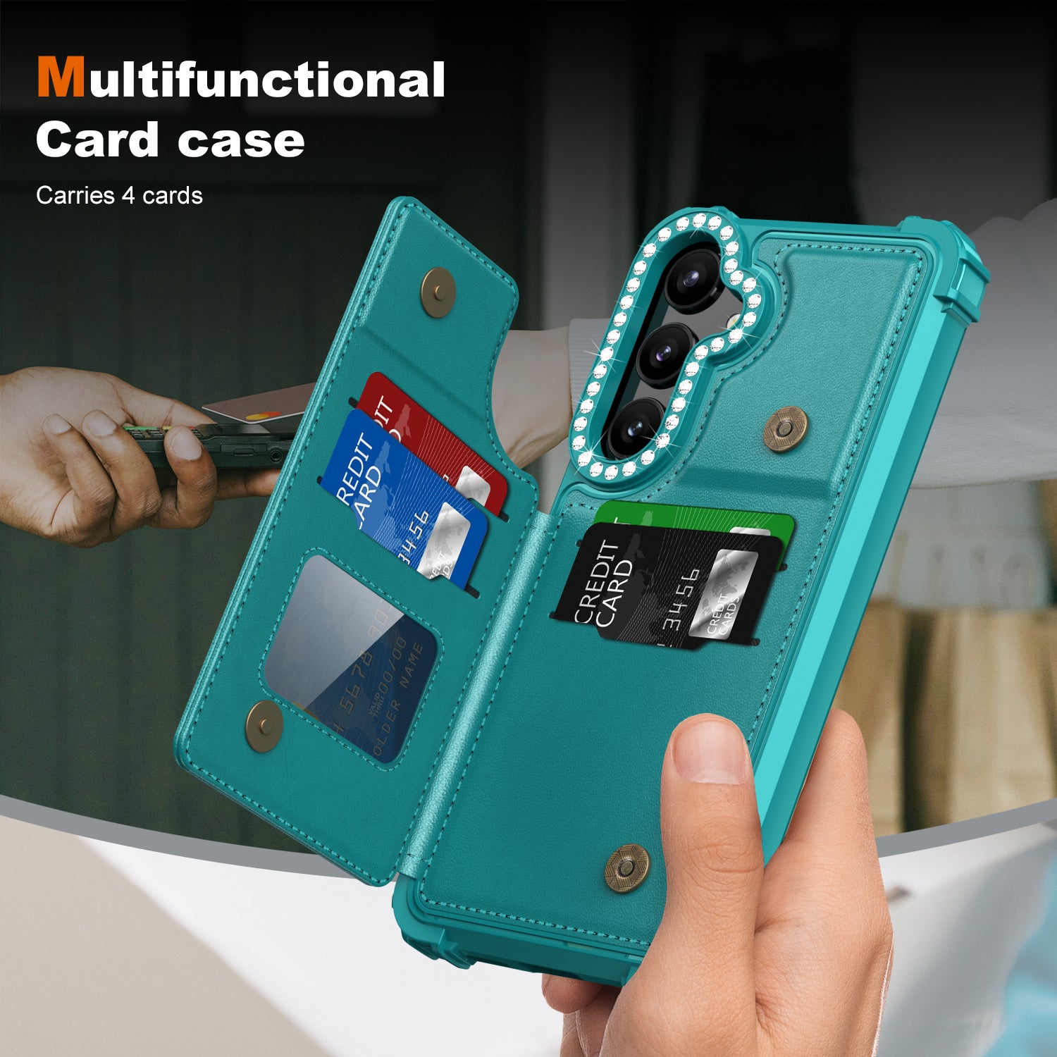ZM15 For Samsung Galaxy S24+ Case Card Slots Rhinestone Leather Coated TPU Phone Cover