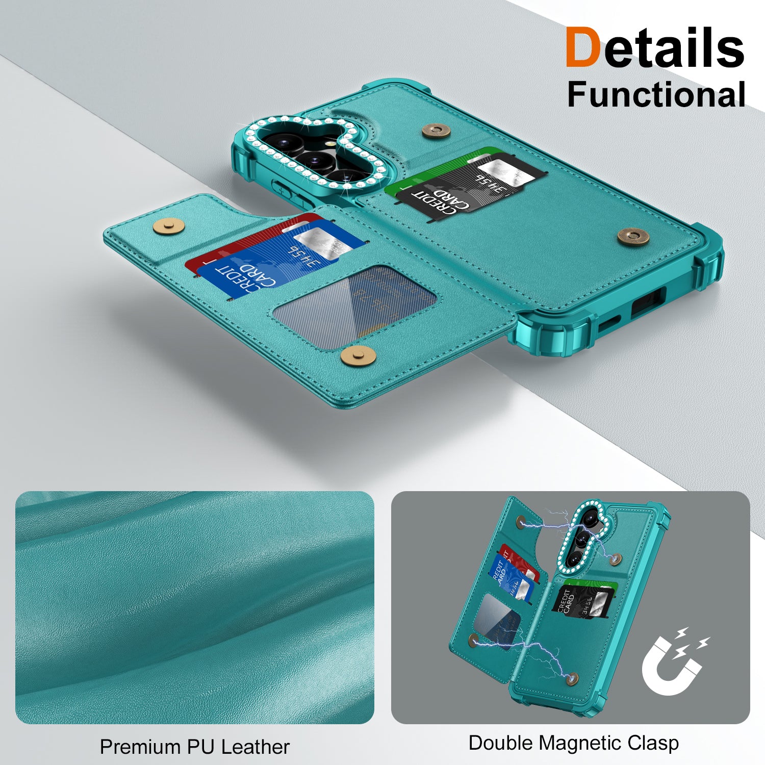 ZM15 For Samsung Galaxy S24+ Case Card Slots Rhinestone Leather Coated TPU Phone Cover