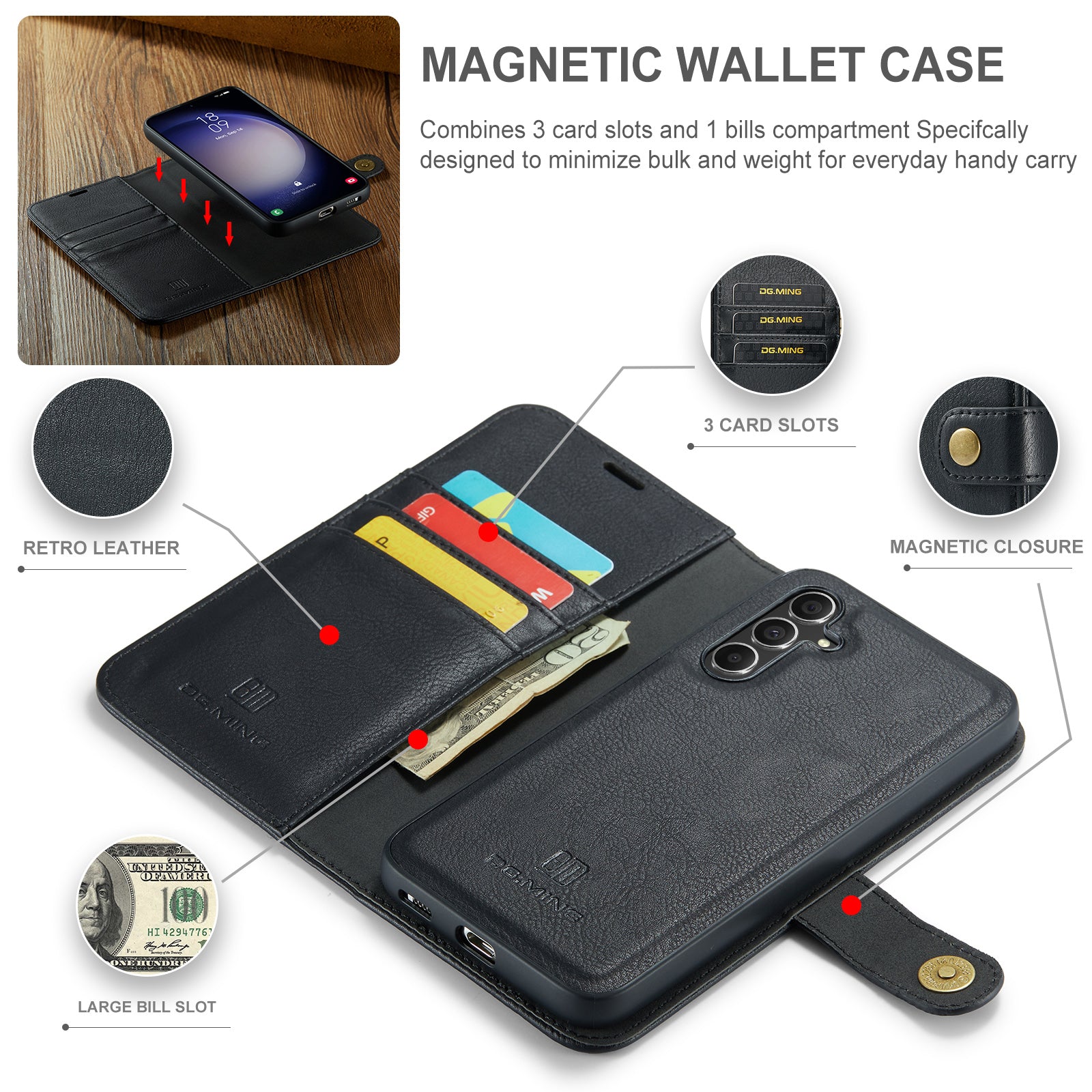 DG.MING for Samsung Galaxy A55 5G Case Detachable Split Leather Phone Cover with Stand Wallet