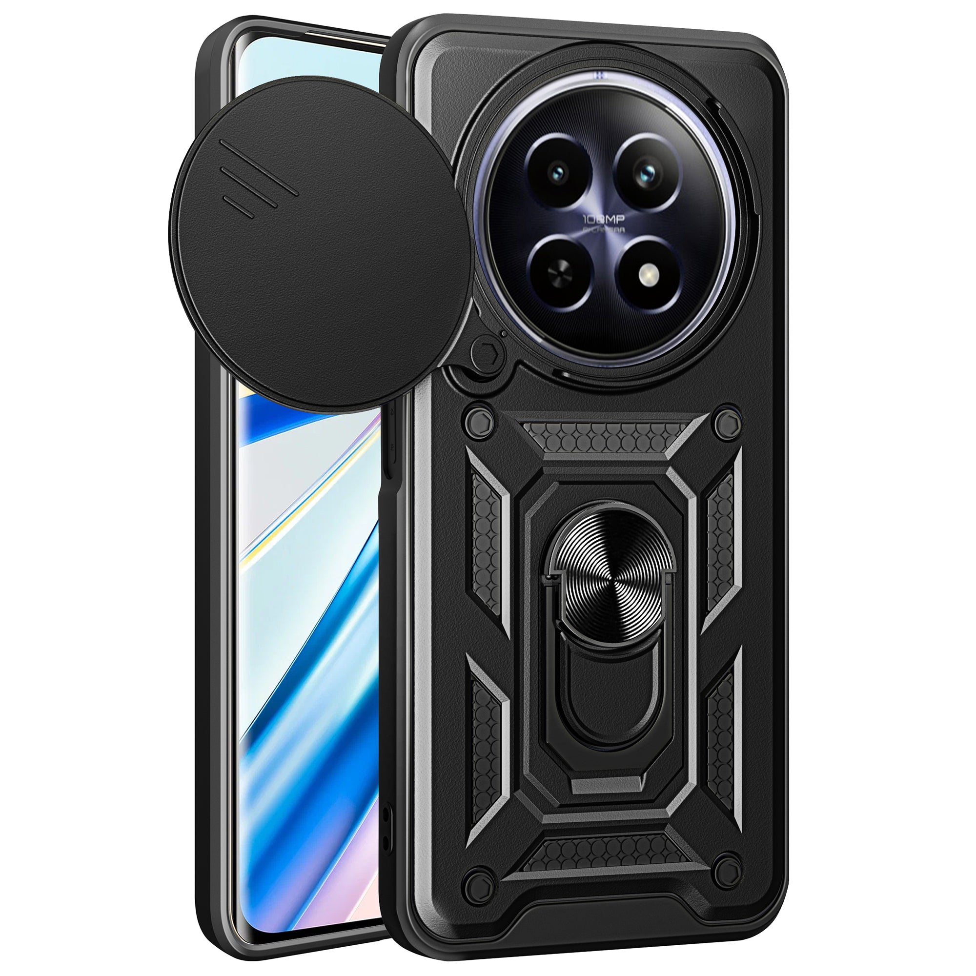 For Realme 12 Camera Protection Case PC+TPU Military Grade Finger Ring Kickstand Phone Cover