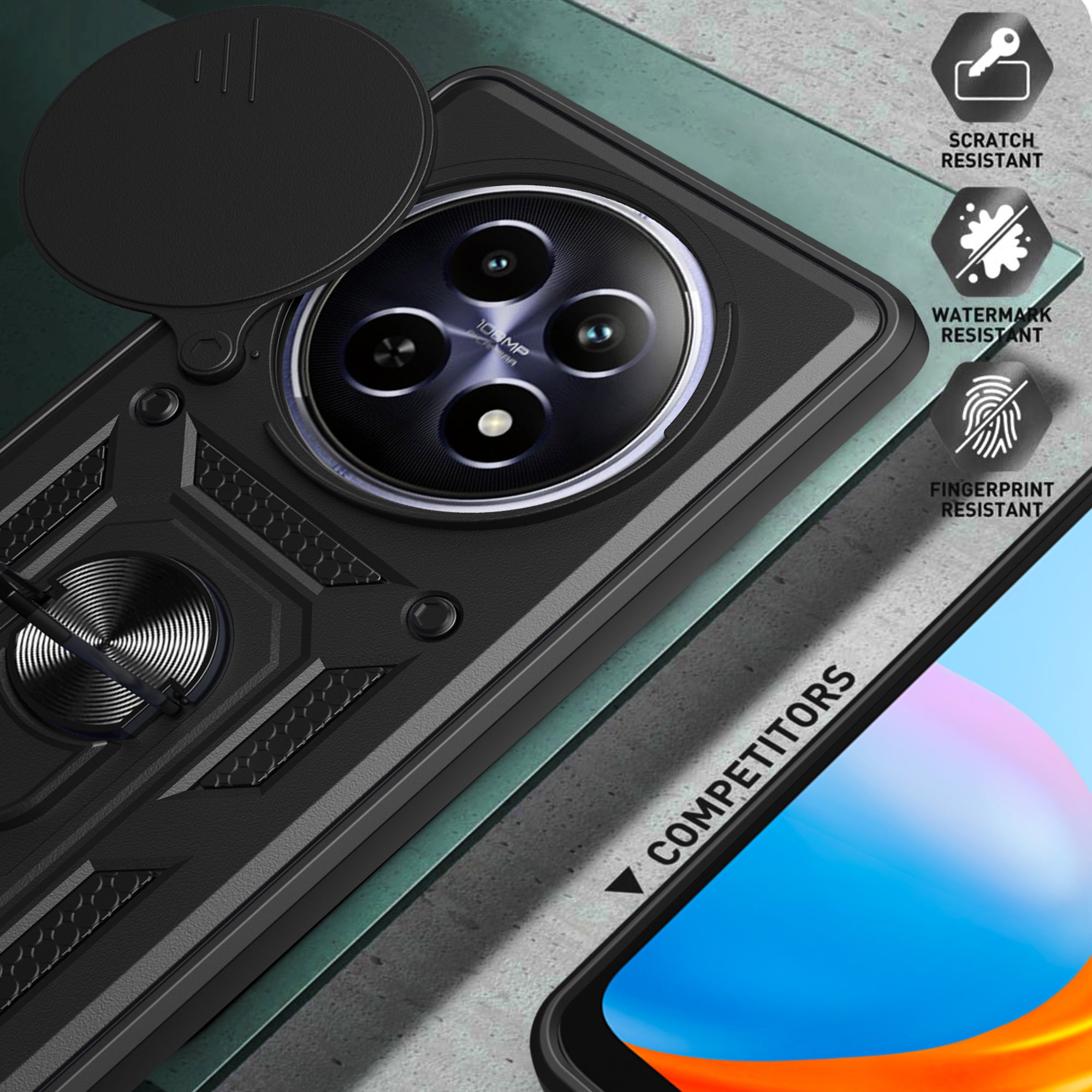 For Realme 12 Camera Protection Case PC+TPU Military Grade Finger Ring Kickstand Phone Cover