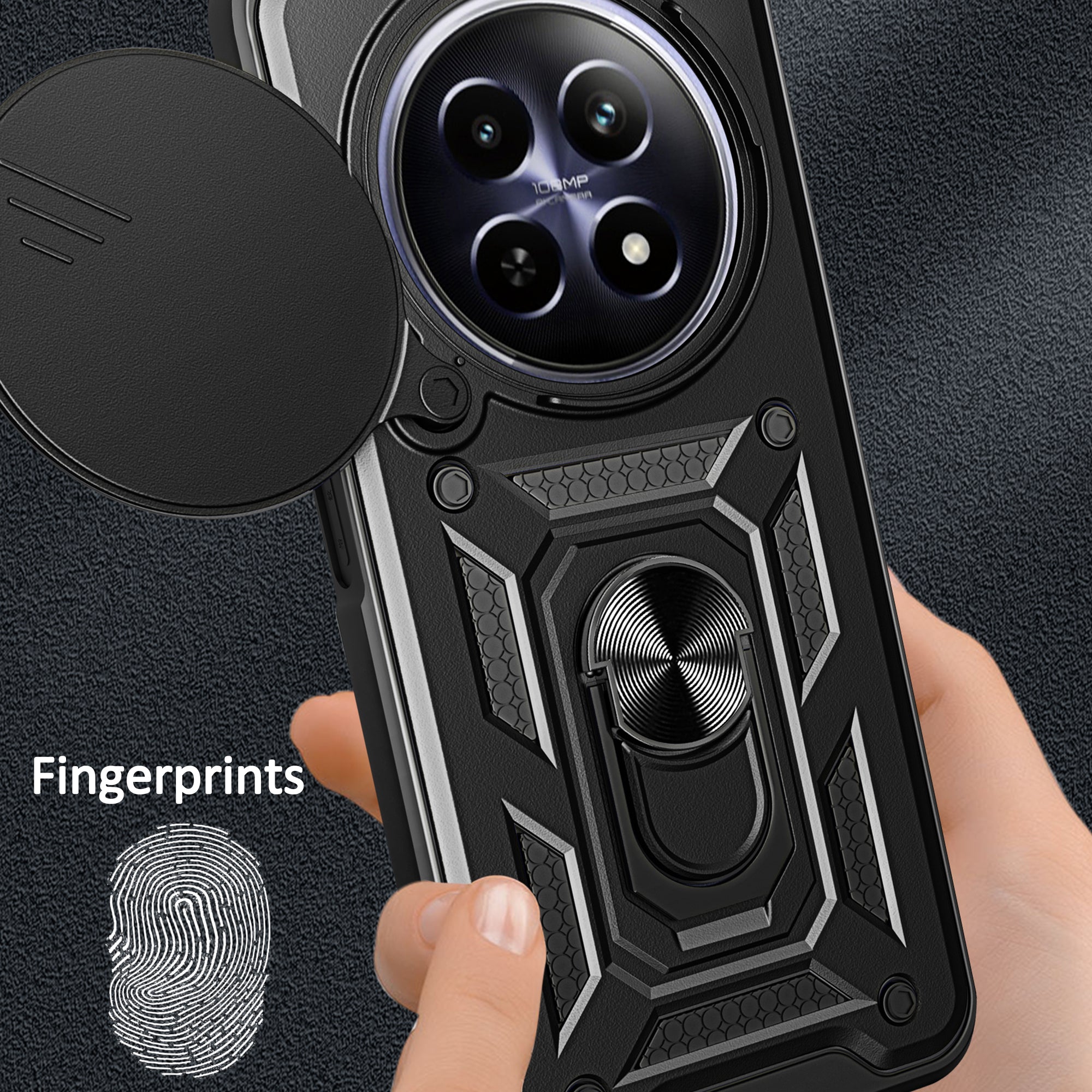 For Realme 12 Camera Protection Case PC+TPU Military Grade Finger Ring Kickstand Phone Cover