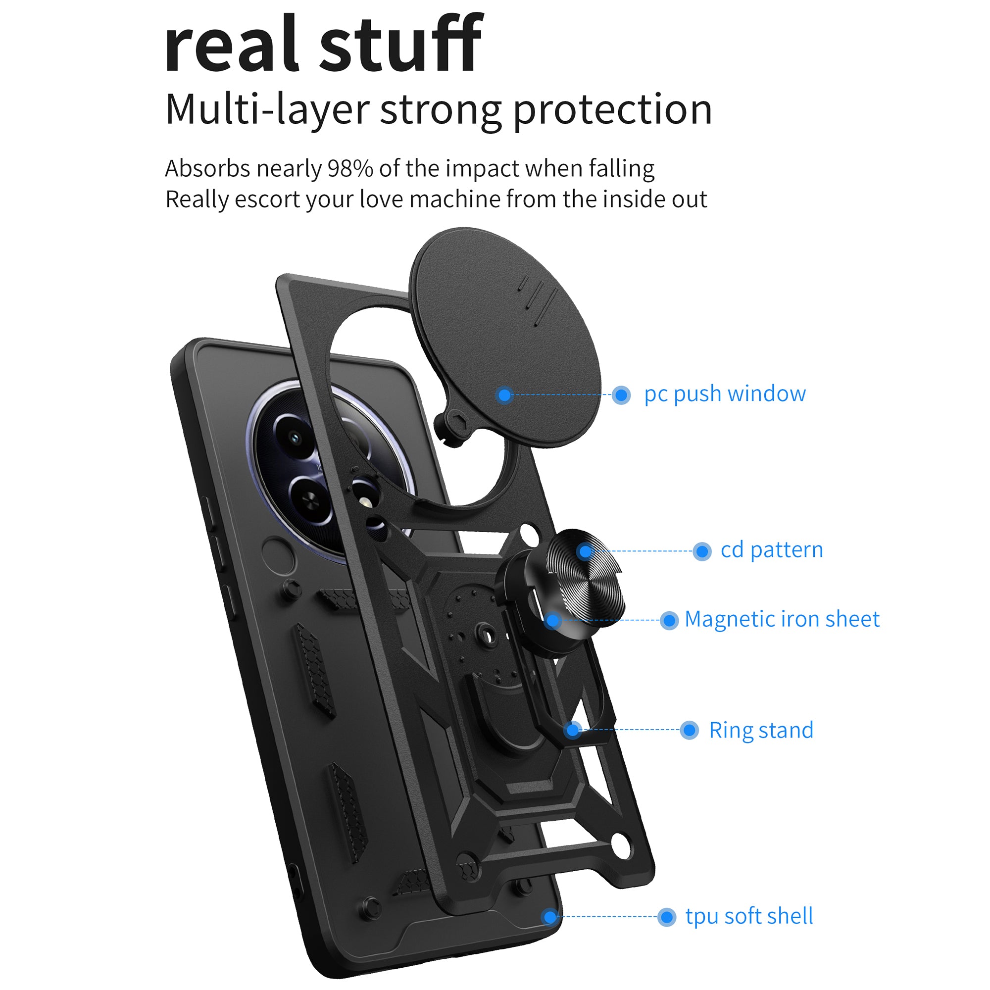 For Realme 12 Camera Protection Case PC+TPU Military Grade Finger Ring Kickstand Phone Cover
