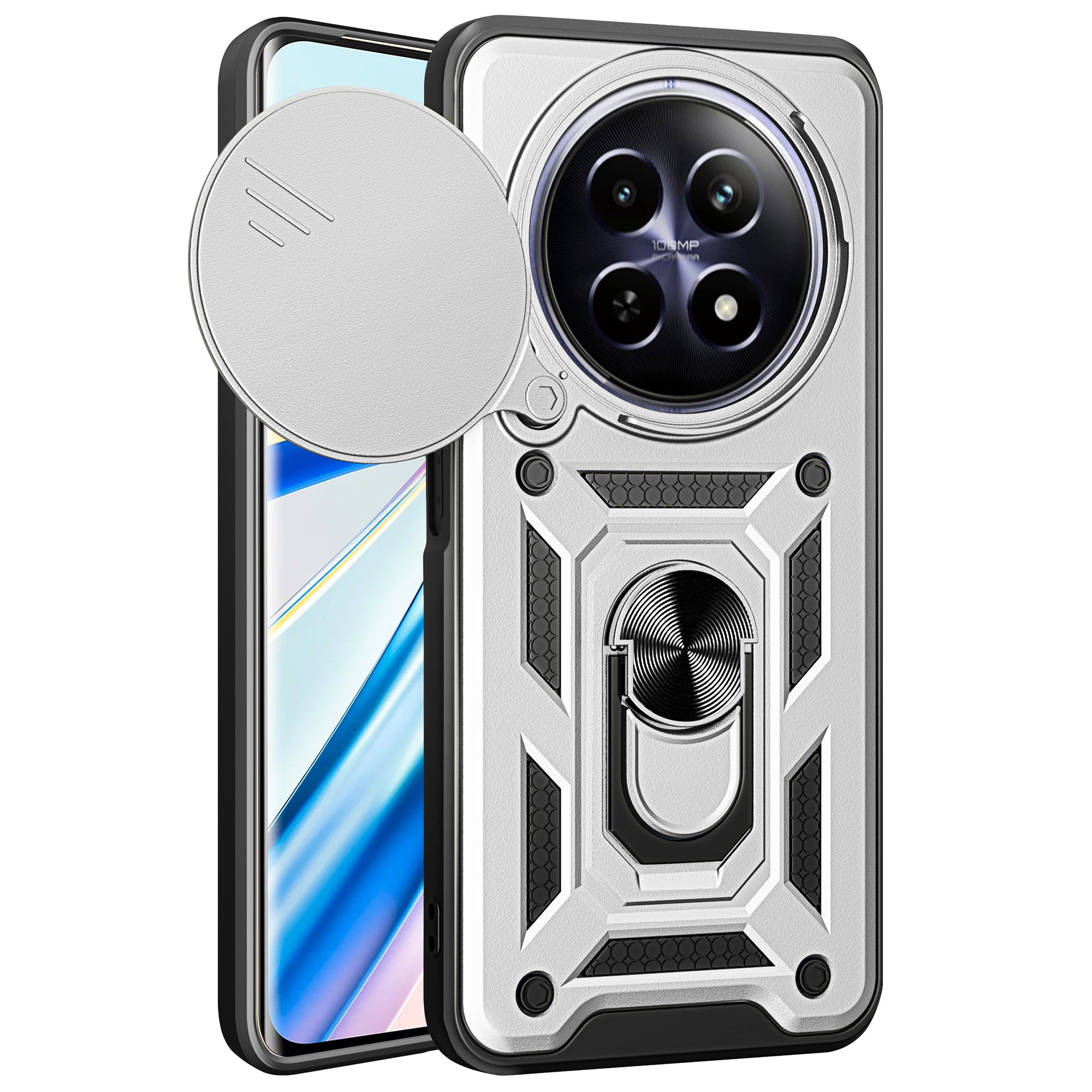For Realme 12 Camera Protection Case PC+TPU Military Grade Finger Ring Kickstand Phone Cover