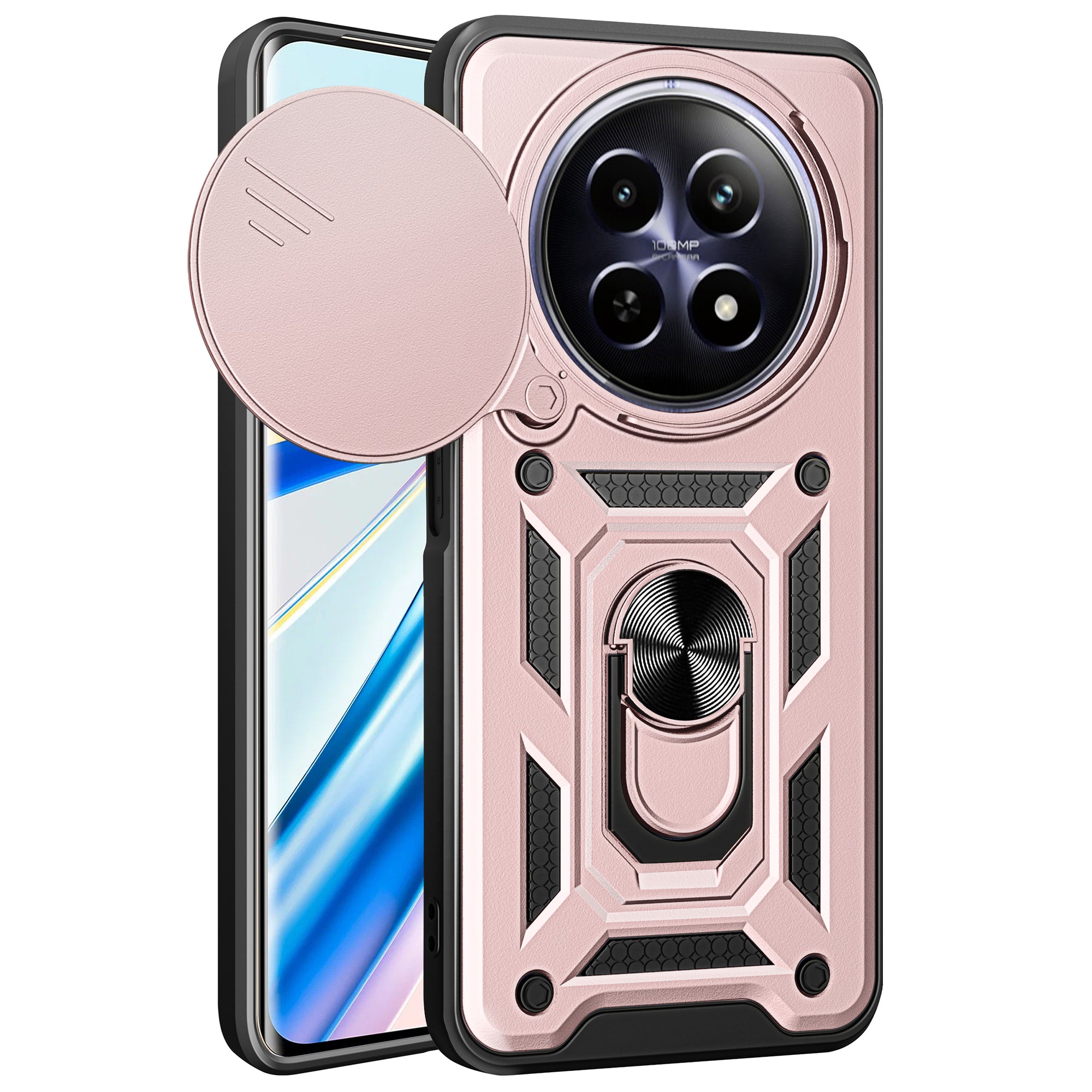 For Realme 12 Camera Protection Case PC+TPU Military Grade Finger Ring Kickstand Phone Cover